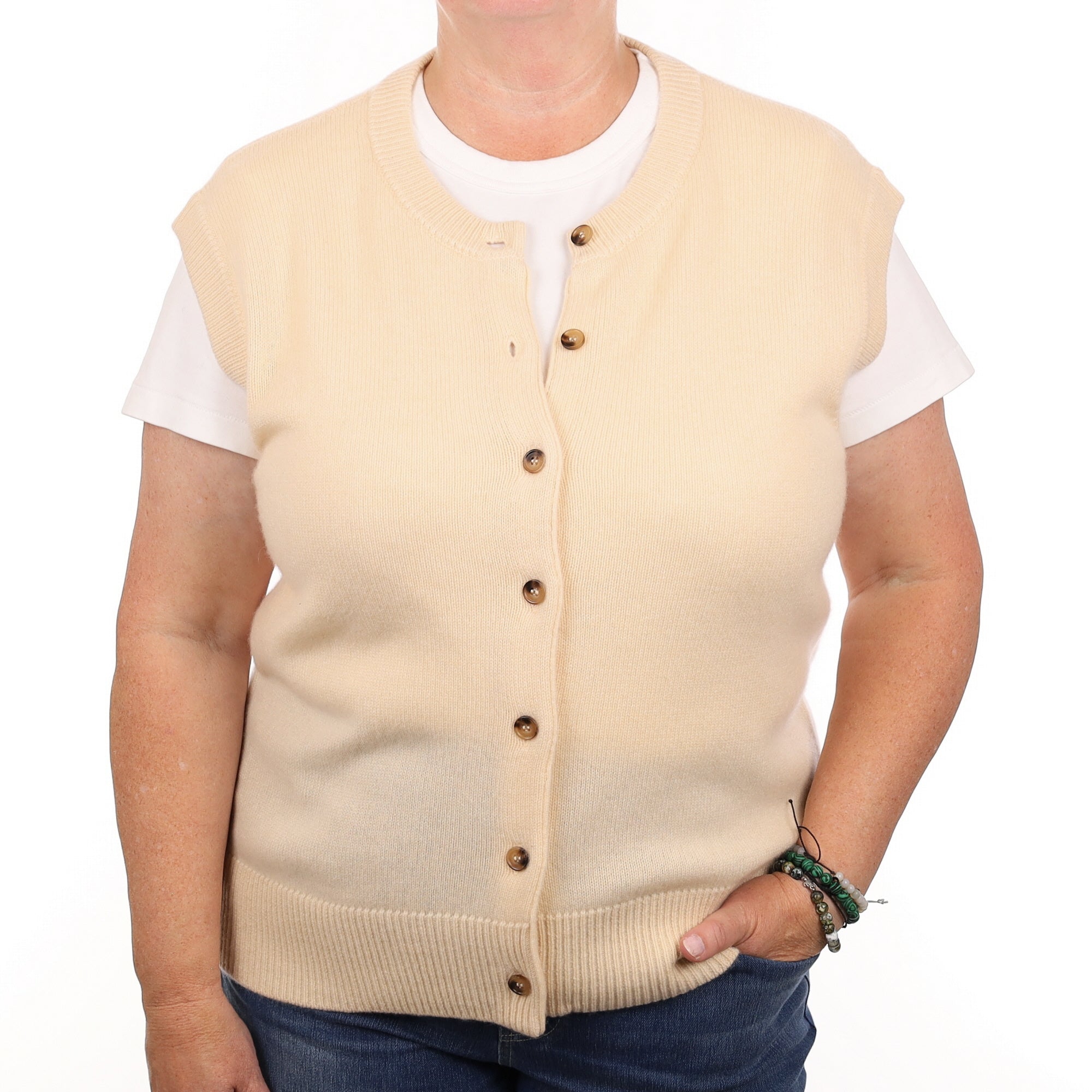 Brand New Vanilla Cream Cashmere Crew Neck Waistcoat Extra Large UK 20-22