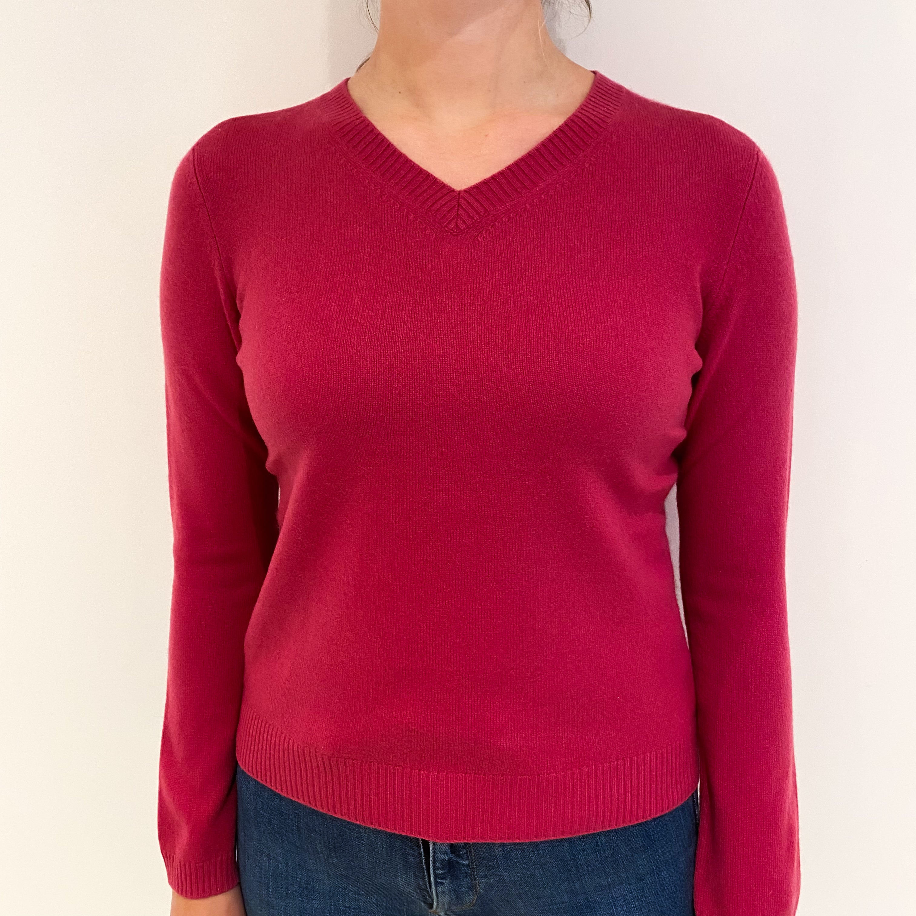 Raspberry Pink Cashmere V Neck Jumper Small