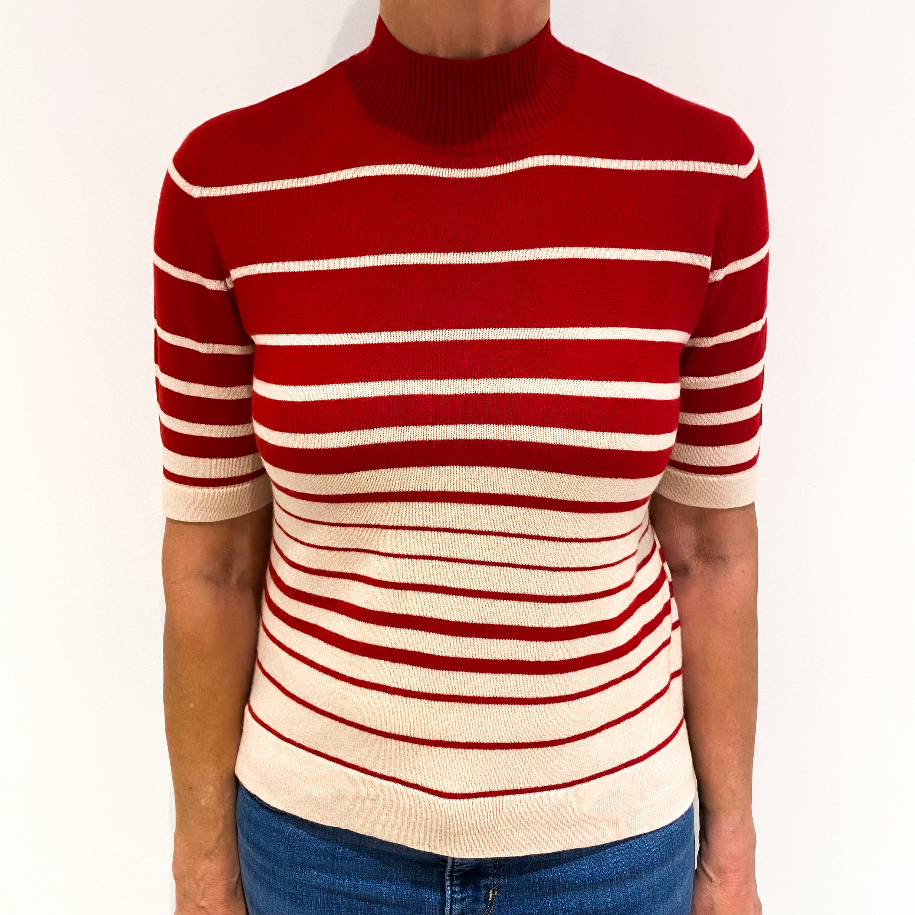 Red Cream Stripe Cashmere Short Sleeved Turtle Neck Jumper Medium