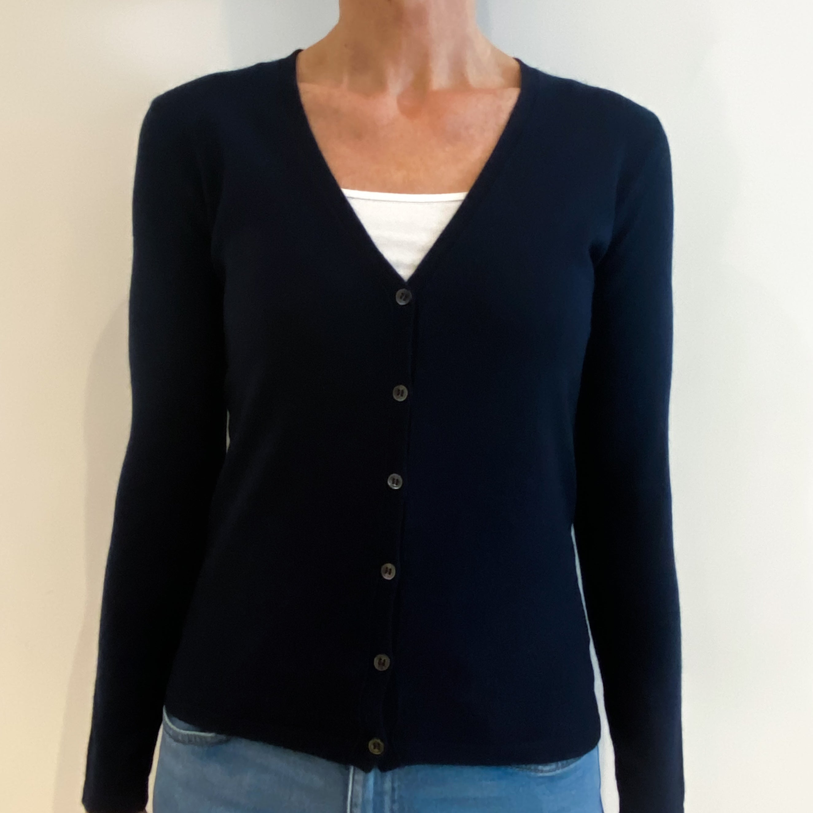 Navy Blue Cashmere V Neck Cardigan Small