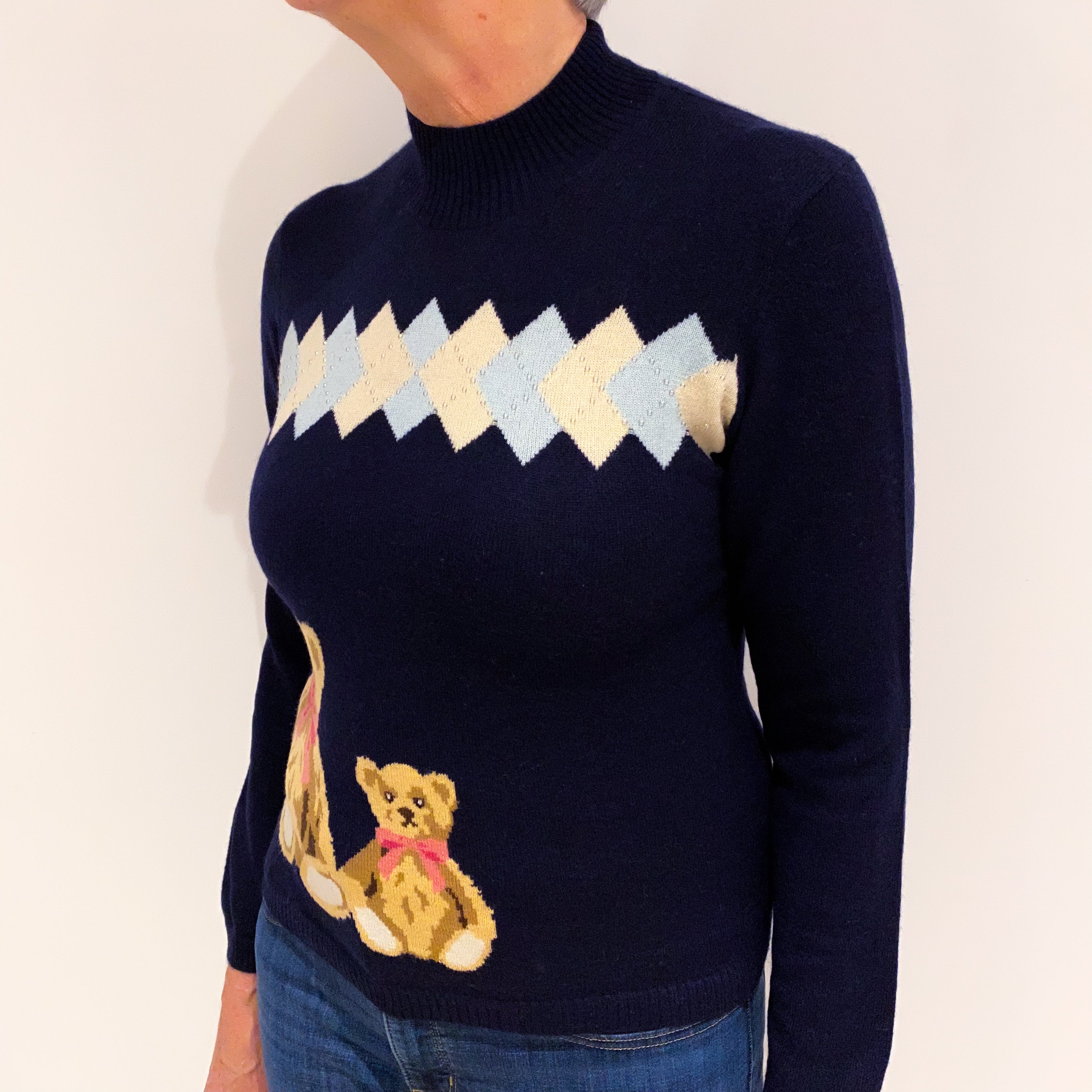 Navy Teddy Design Cashmere Turtle Neck Jumper Medium