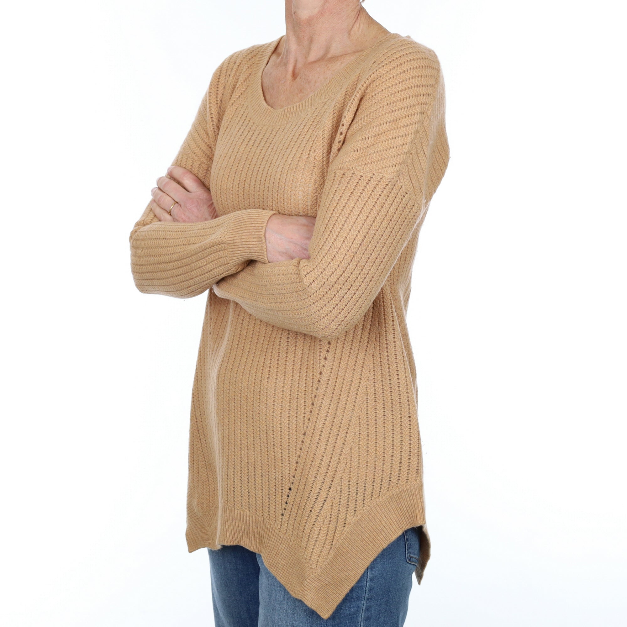 Caramel Textured Cashmere Handkerchief Hem Crew Neck Jumper Small