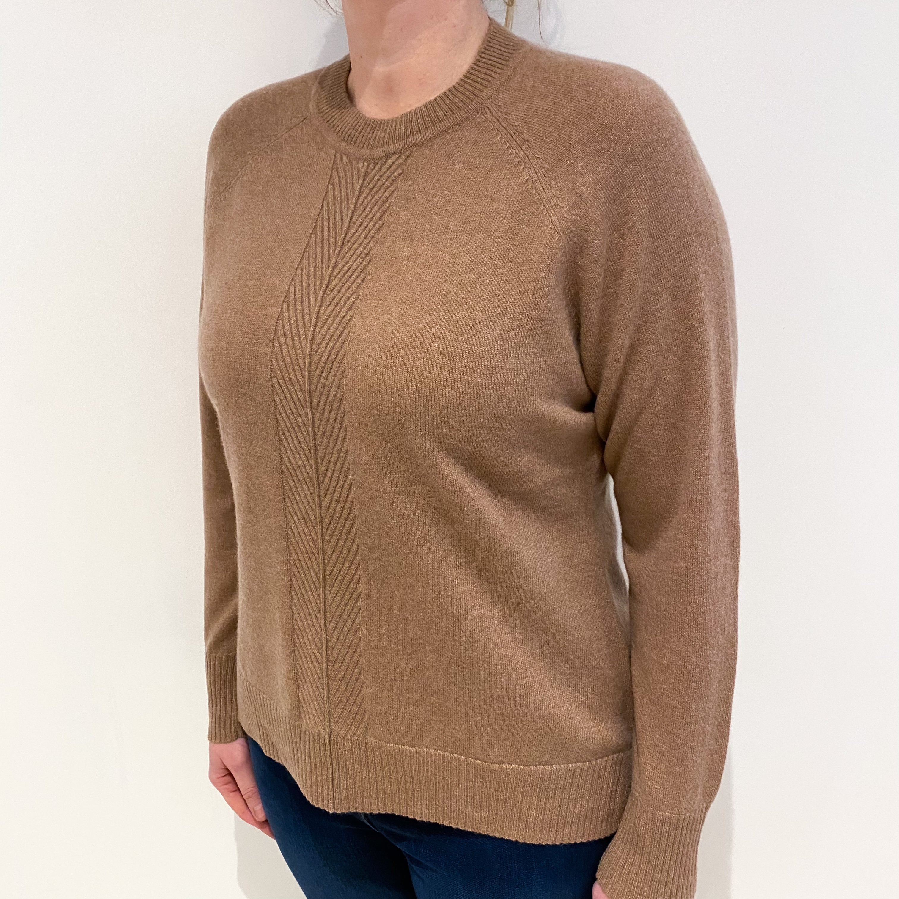 Toffee Brown Textured Detail Cashmere Crew Neck Jumper Large