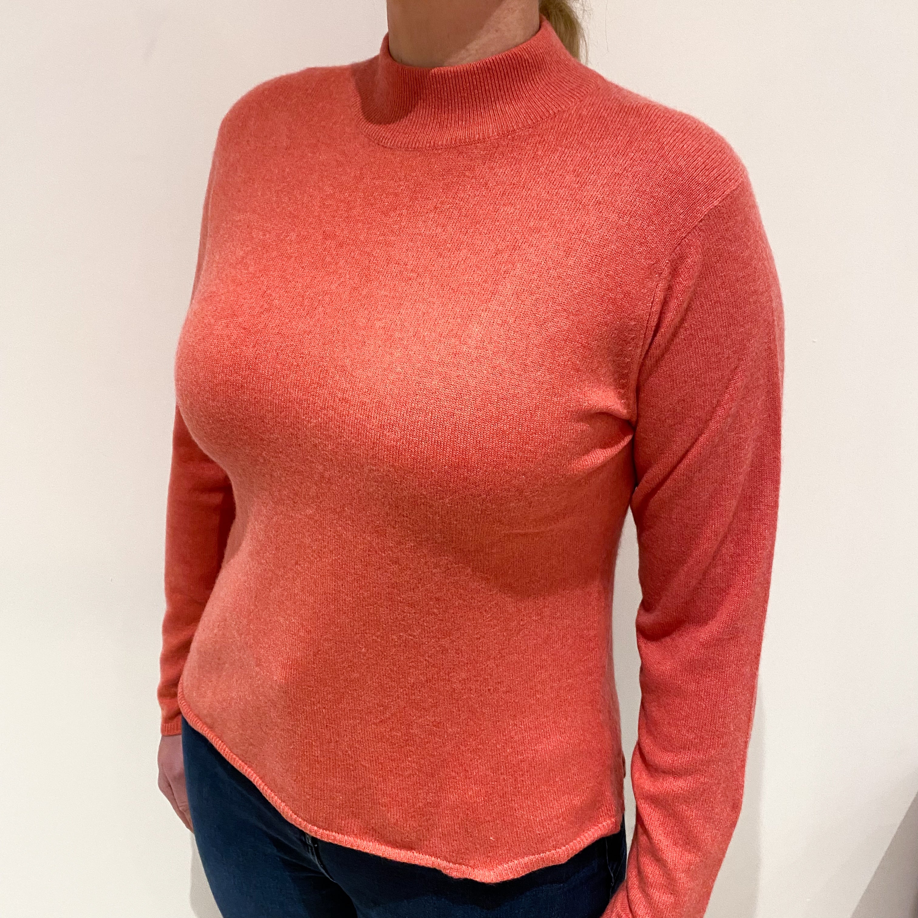 Deep Coral Pink Cashmere Turtle Neck Jumper Large