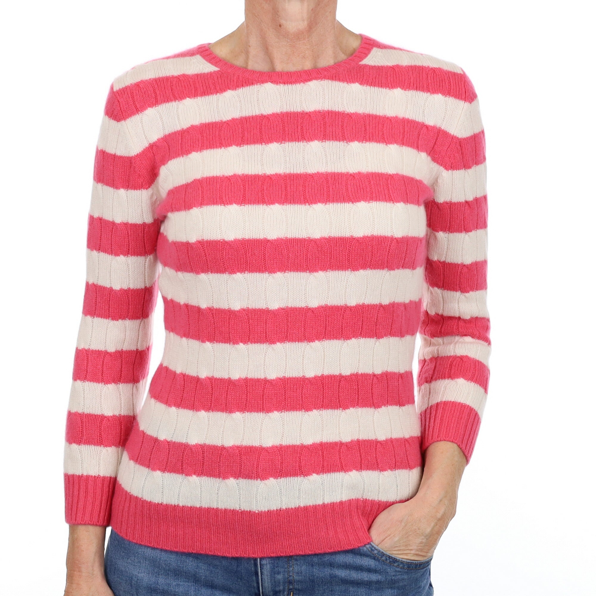 Bubblegum and Cream Striped Cashmere Crew Neck Jumper Small