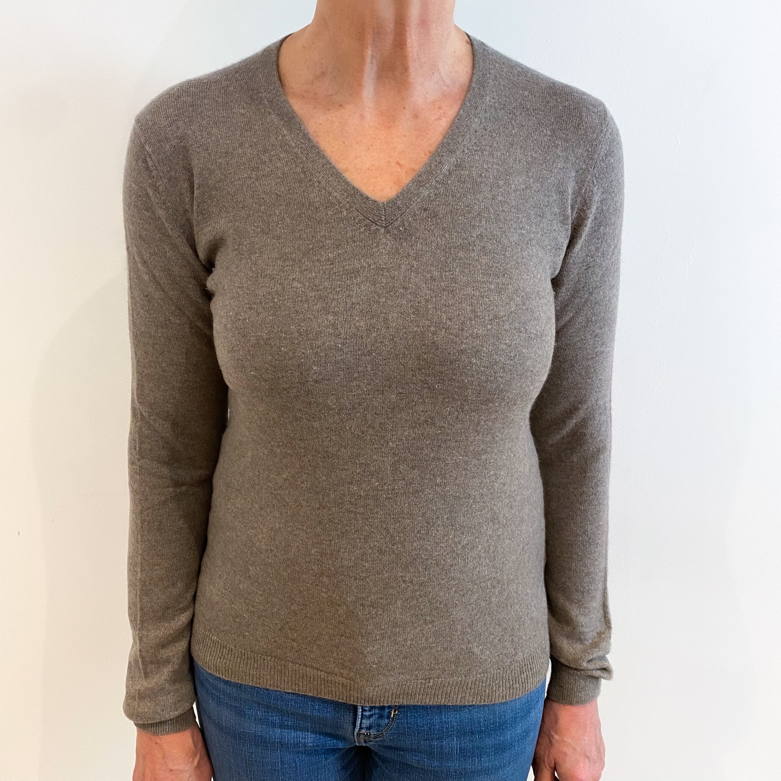 Taupe Brown Cashmere V Neck Jumper Medium