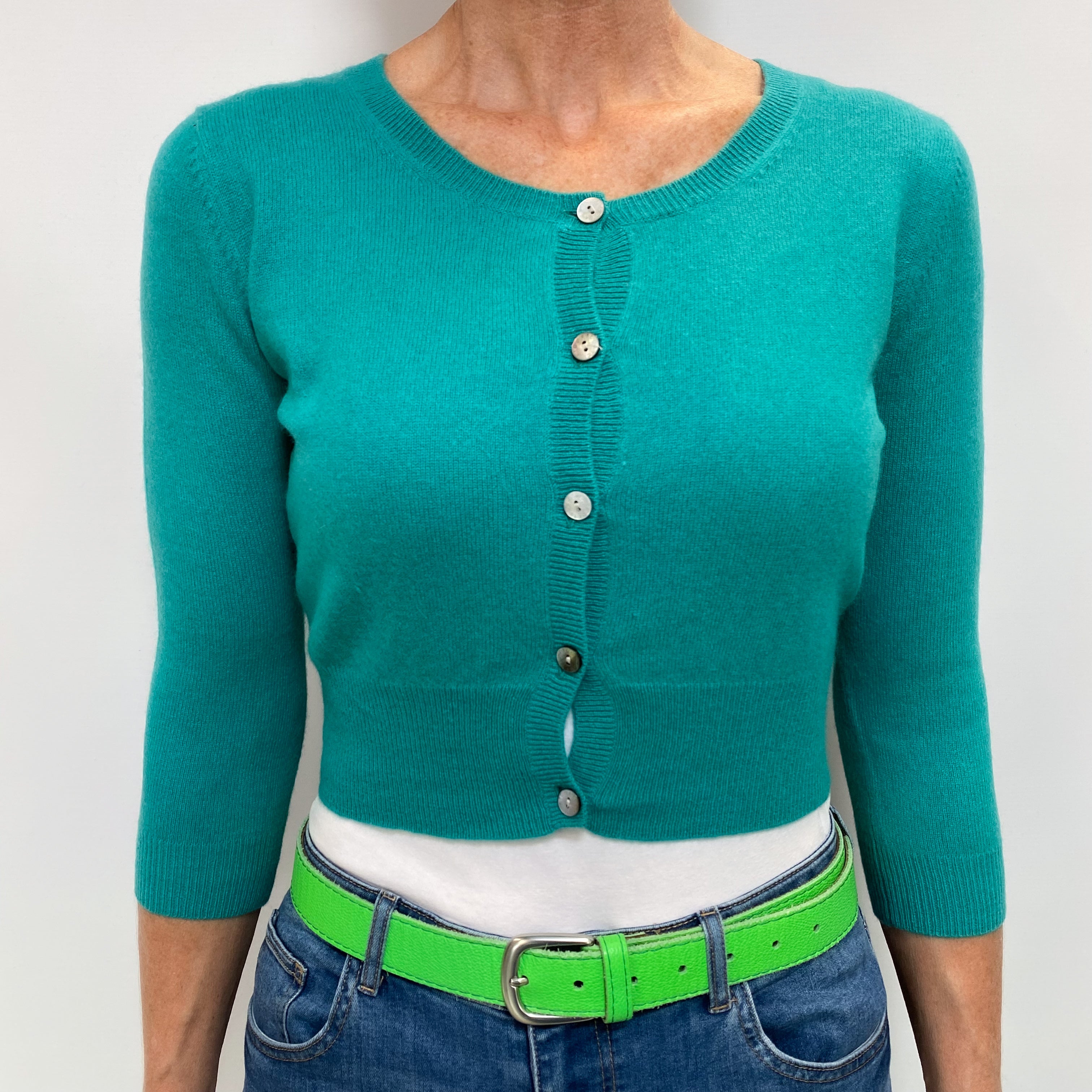 Jade Green Cashmere Crew Neck Cropped Cardigan Small