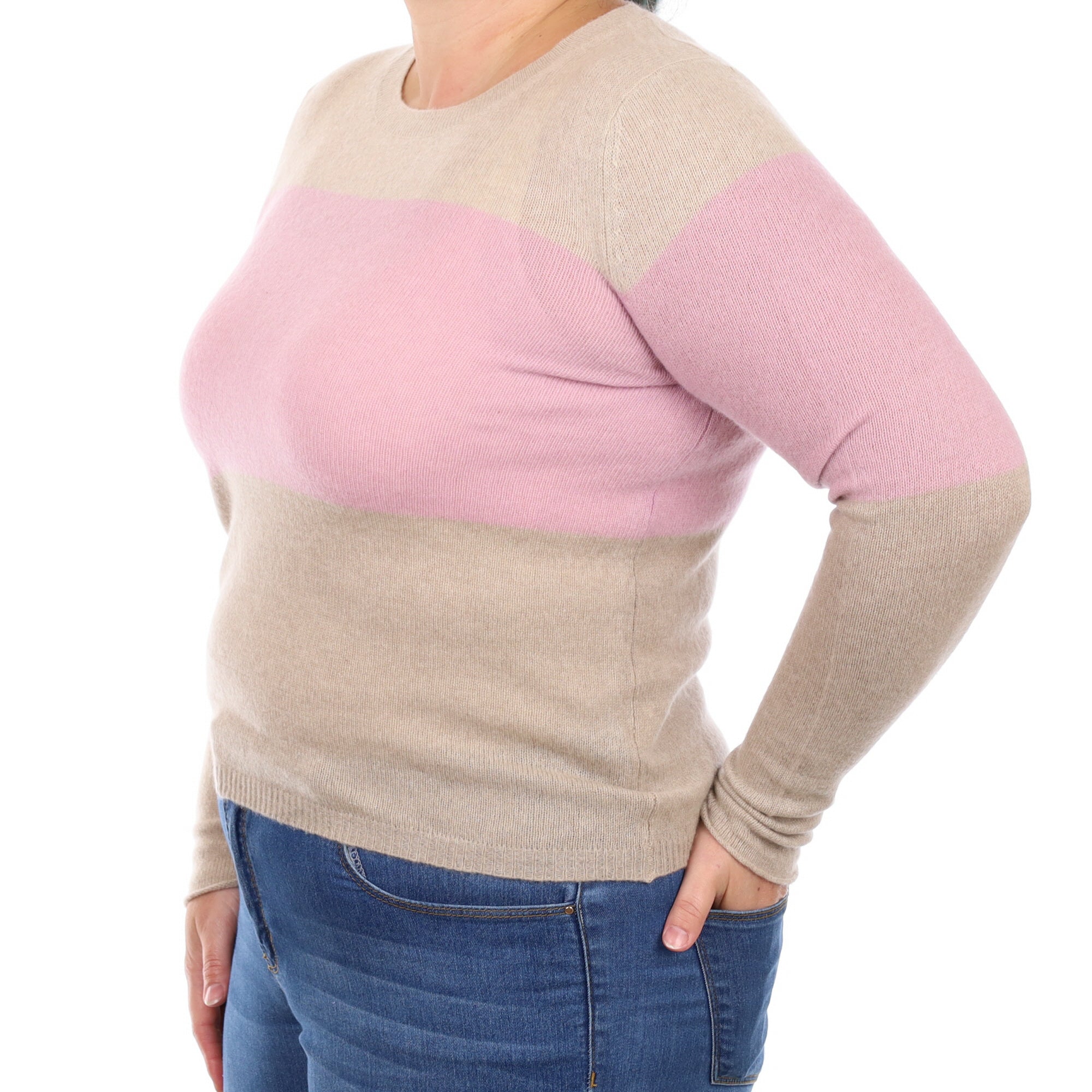 Beige and Pink Striped Cashmere Crew Neck Jumper Large