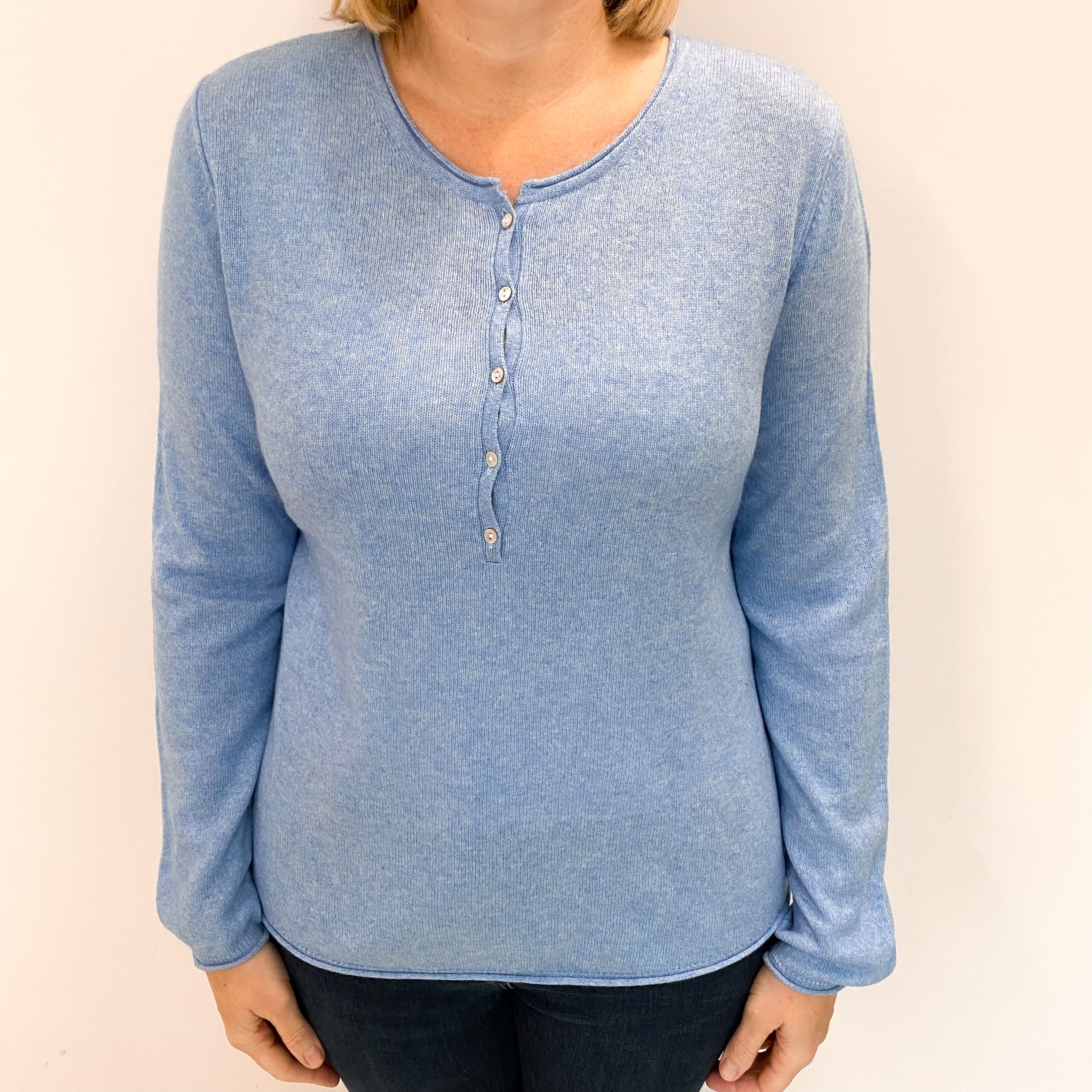 L.L Bean Denim Blue Cashmere 1/4 Button Crew Neck Jumper Large