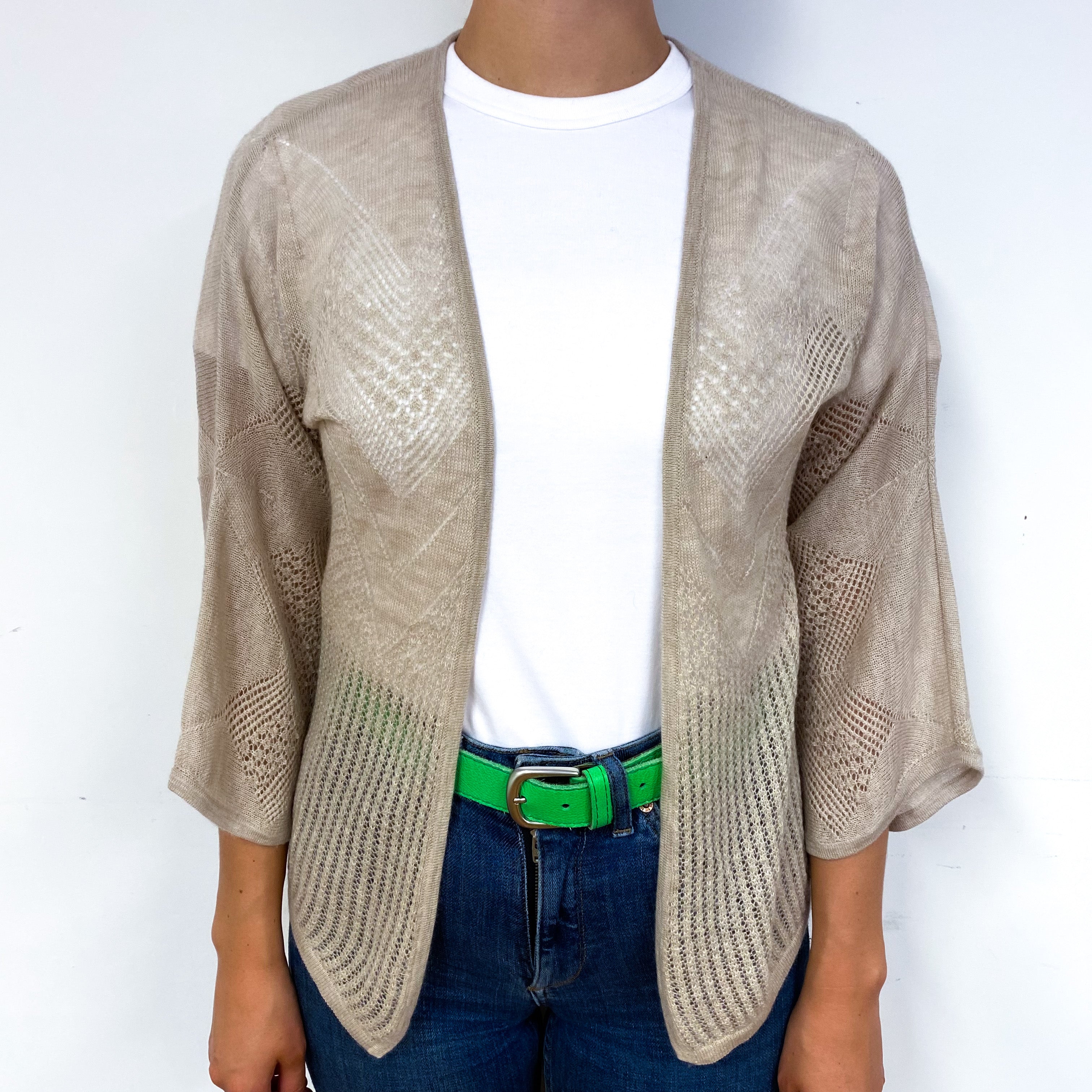 Beige Lace Knit Cashmere Edge to Edge Cardigan Small