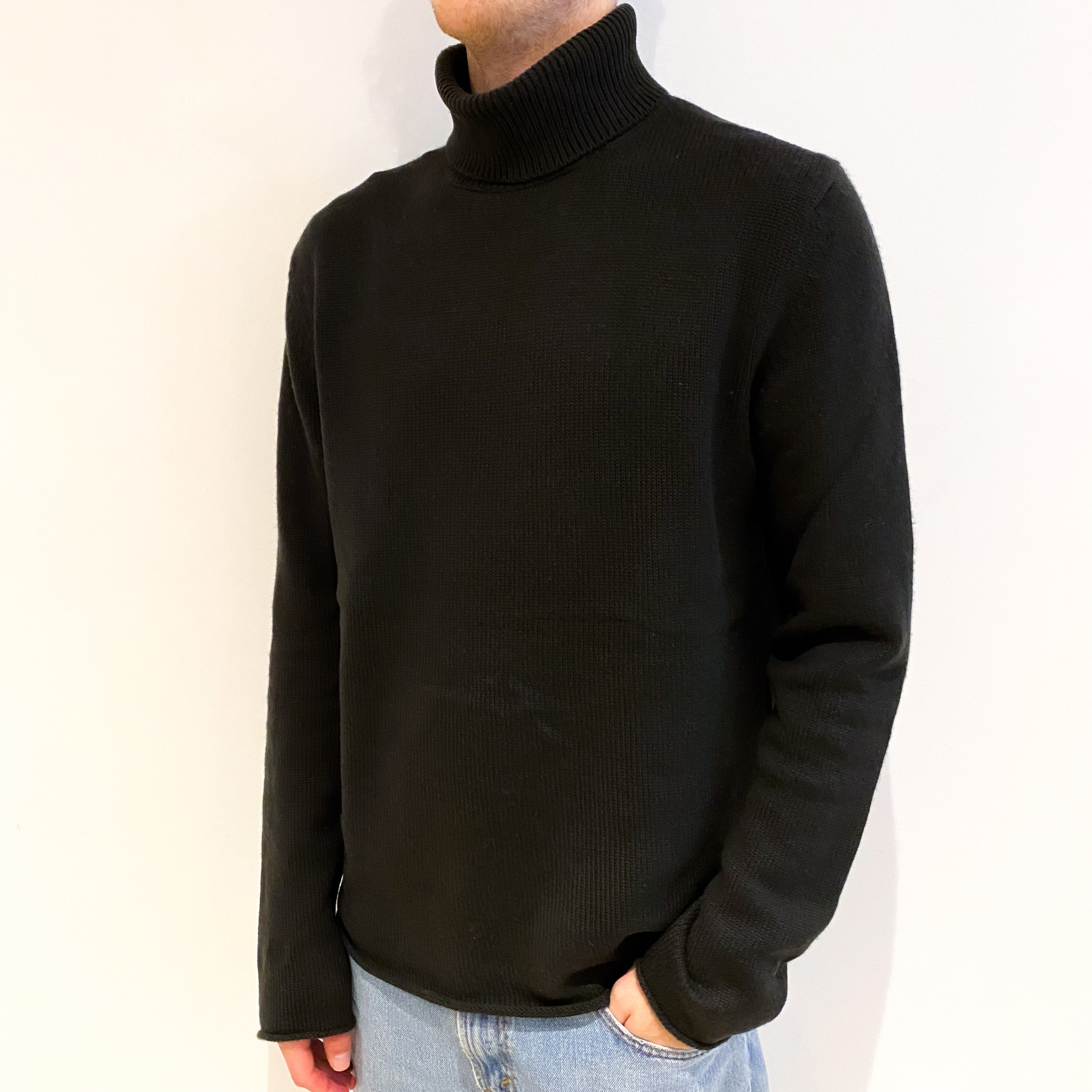 Men's Black Cashmere Polo Neck Jumper Large