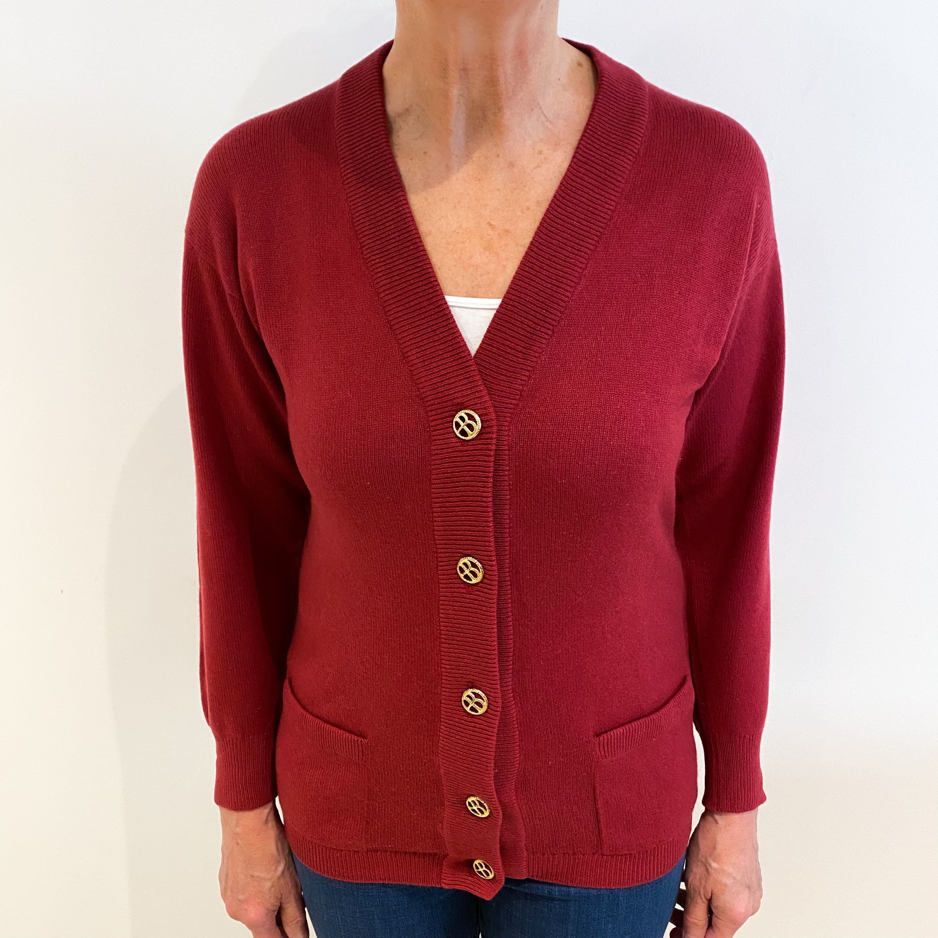 Vintage Maroon Red Cashmere V Neck Cardigan with Pockets Medium