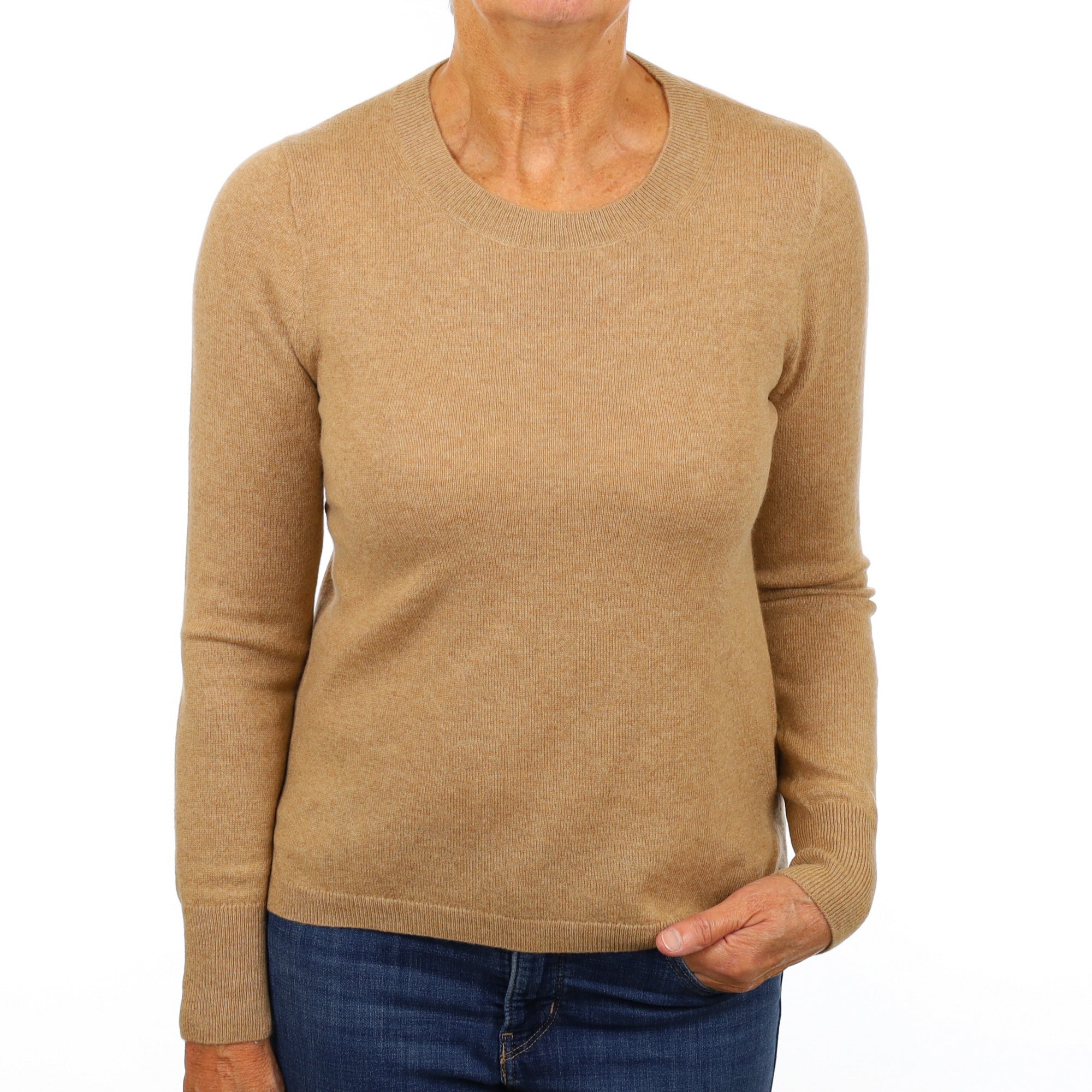 Camel Brown Cashmere Crew Neck Jumper Medium