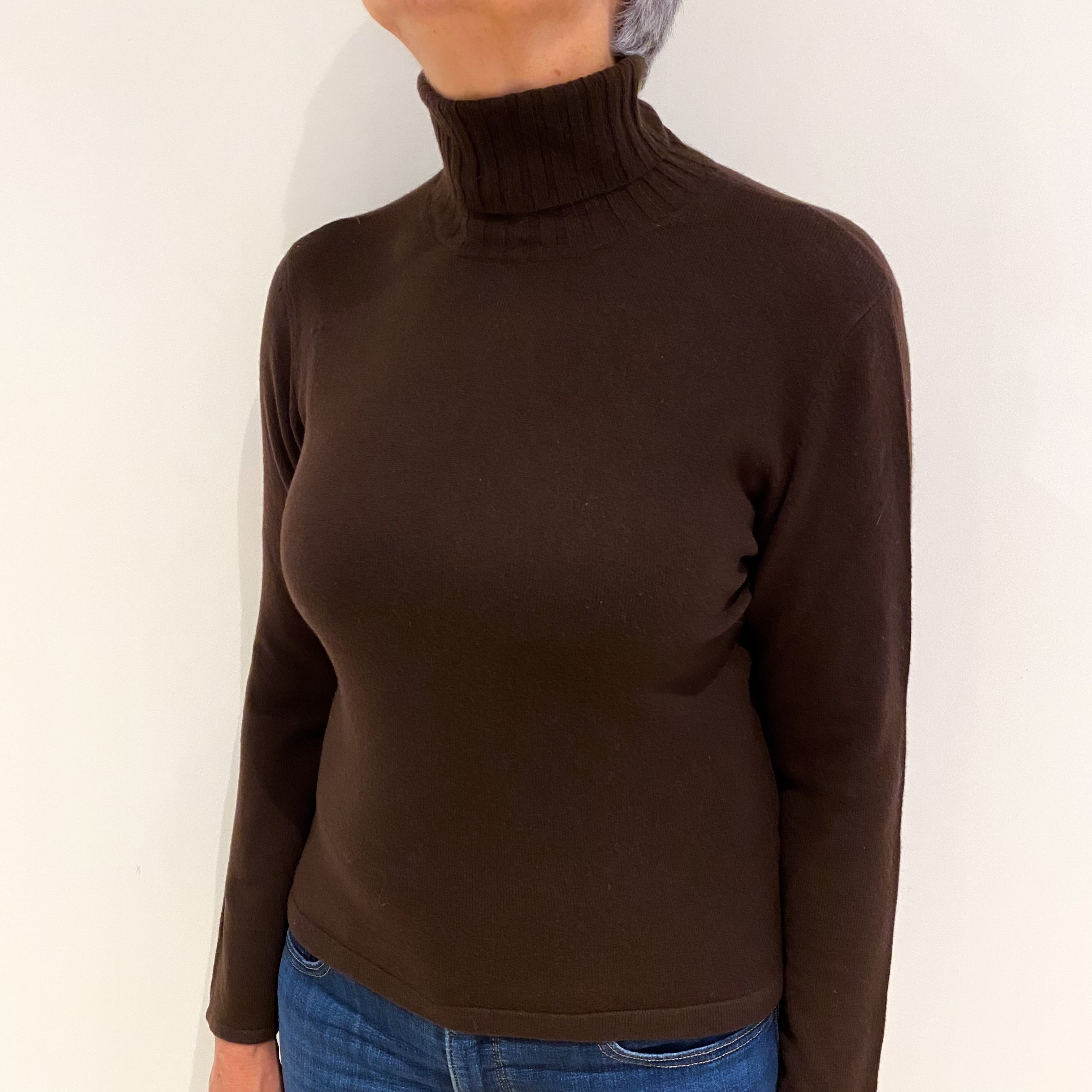 Dark Chocolate Brown Cashmere Polo Neck Jumper Medium