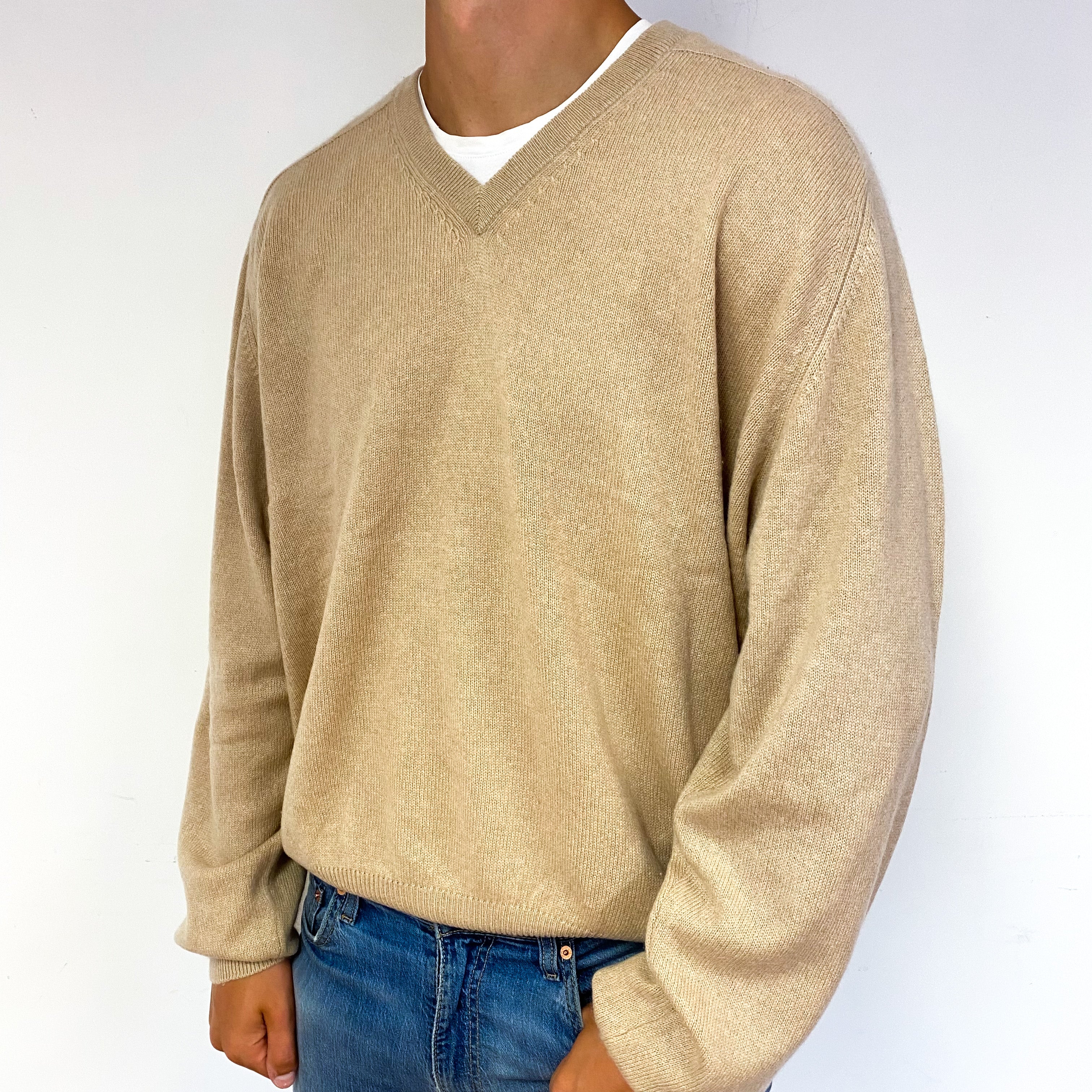 Men's Buff Beige Cashmere V-Neck Jumper XXXL/Tall