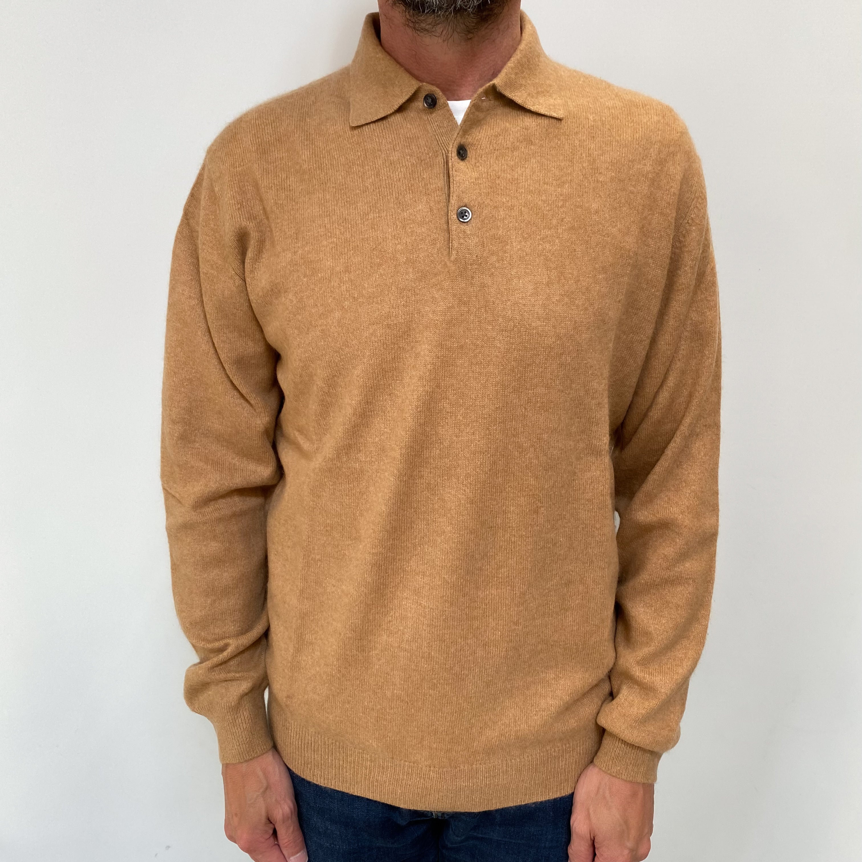 Men's Butterscotch Cashmere Quarter Button Jumper Small