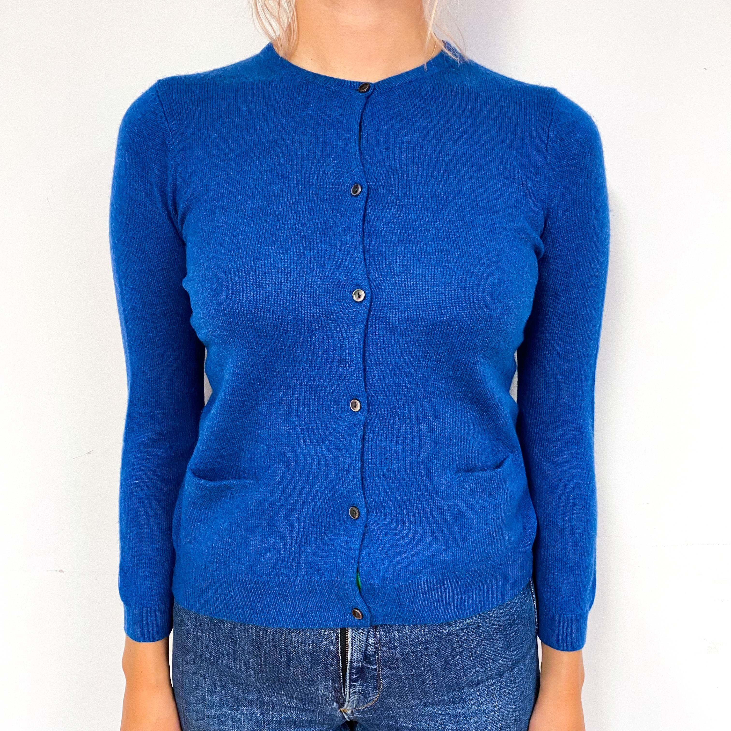 Deep Ocean Blue Cashmere Crew Neck Cardigan Small