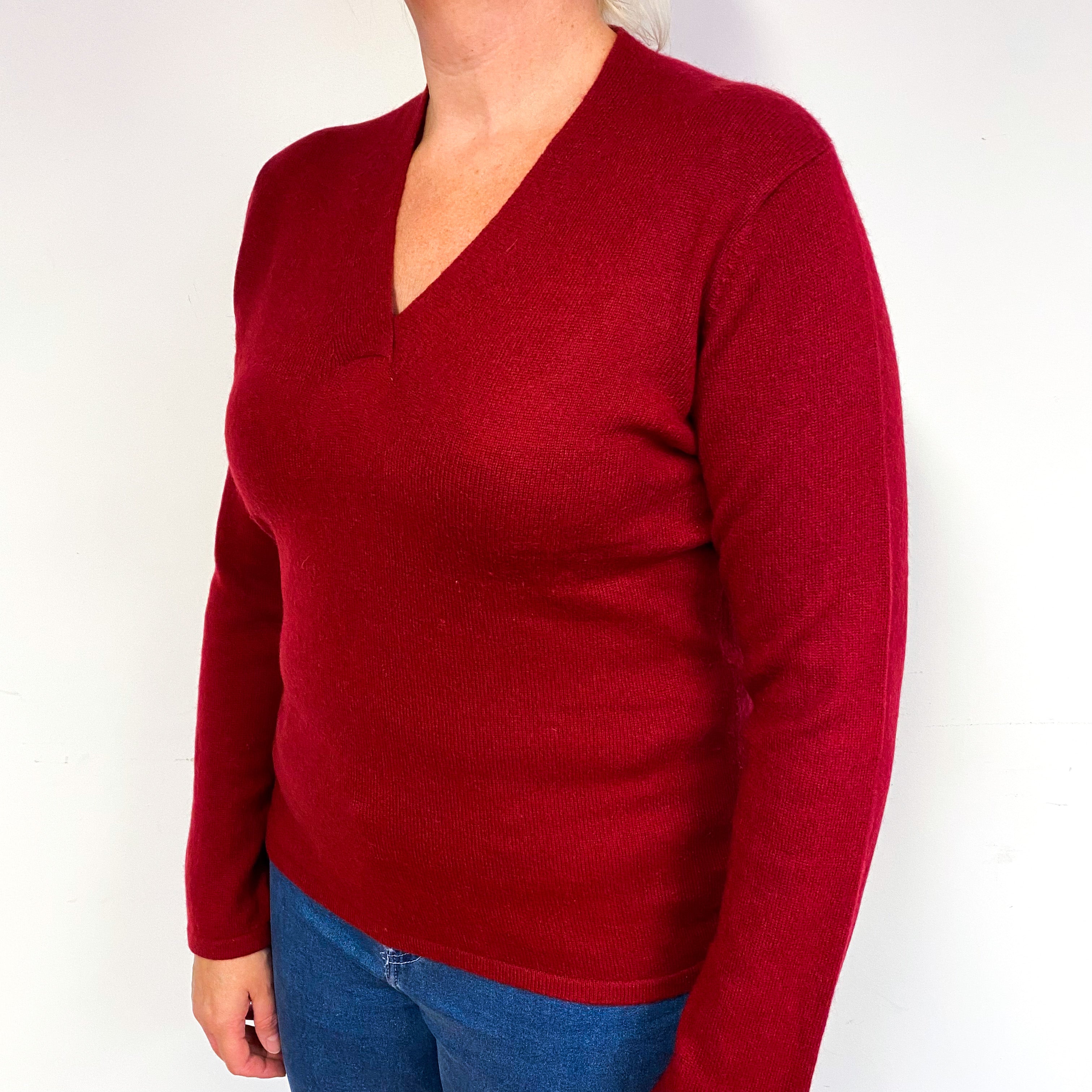 Crimson Red Cashmere V-Neck Jumper Large