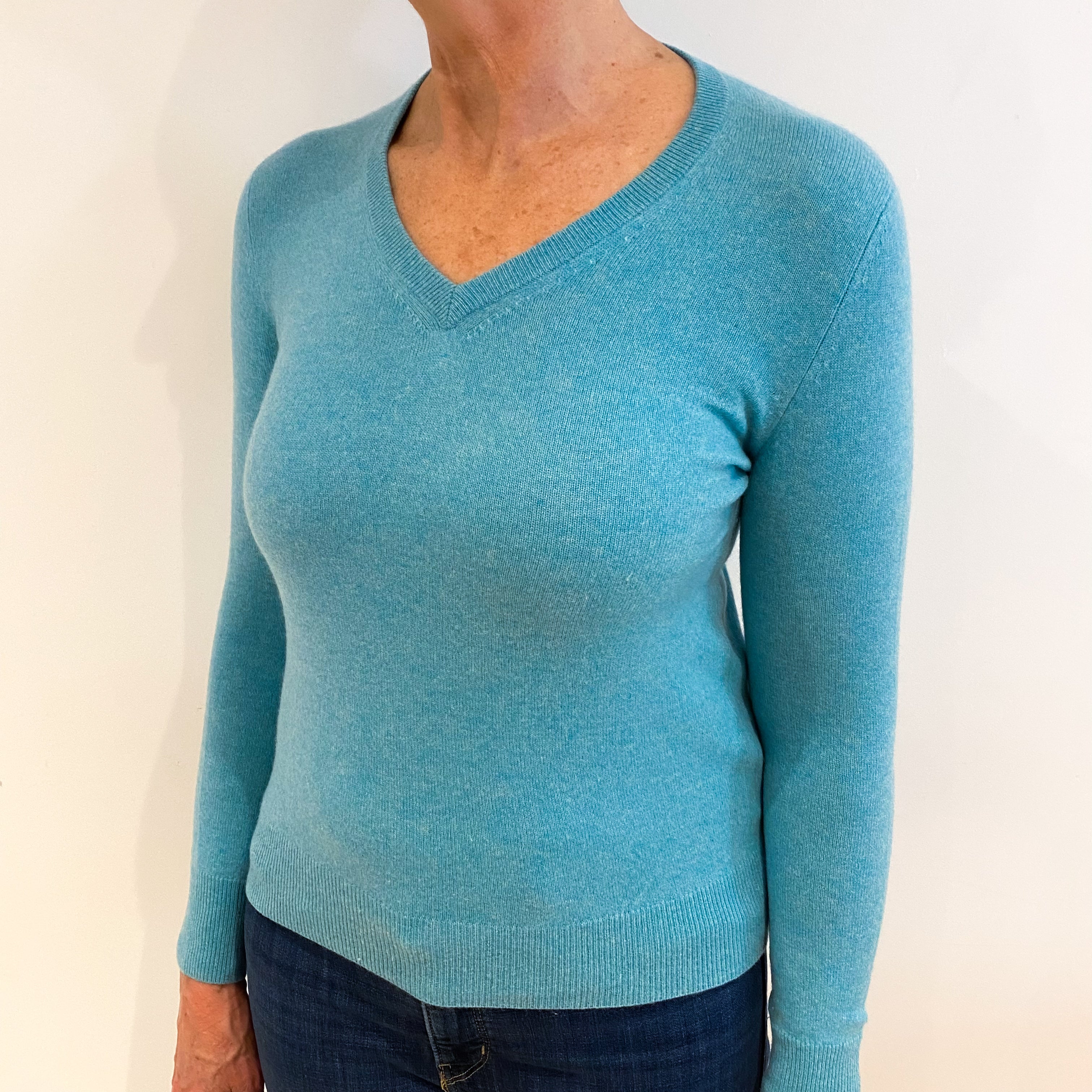 Aqua Blue Cashmere V Neck Jumper Medium