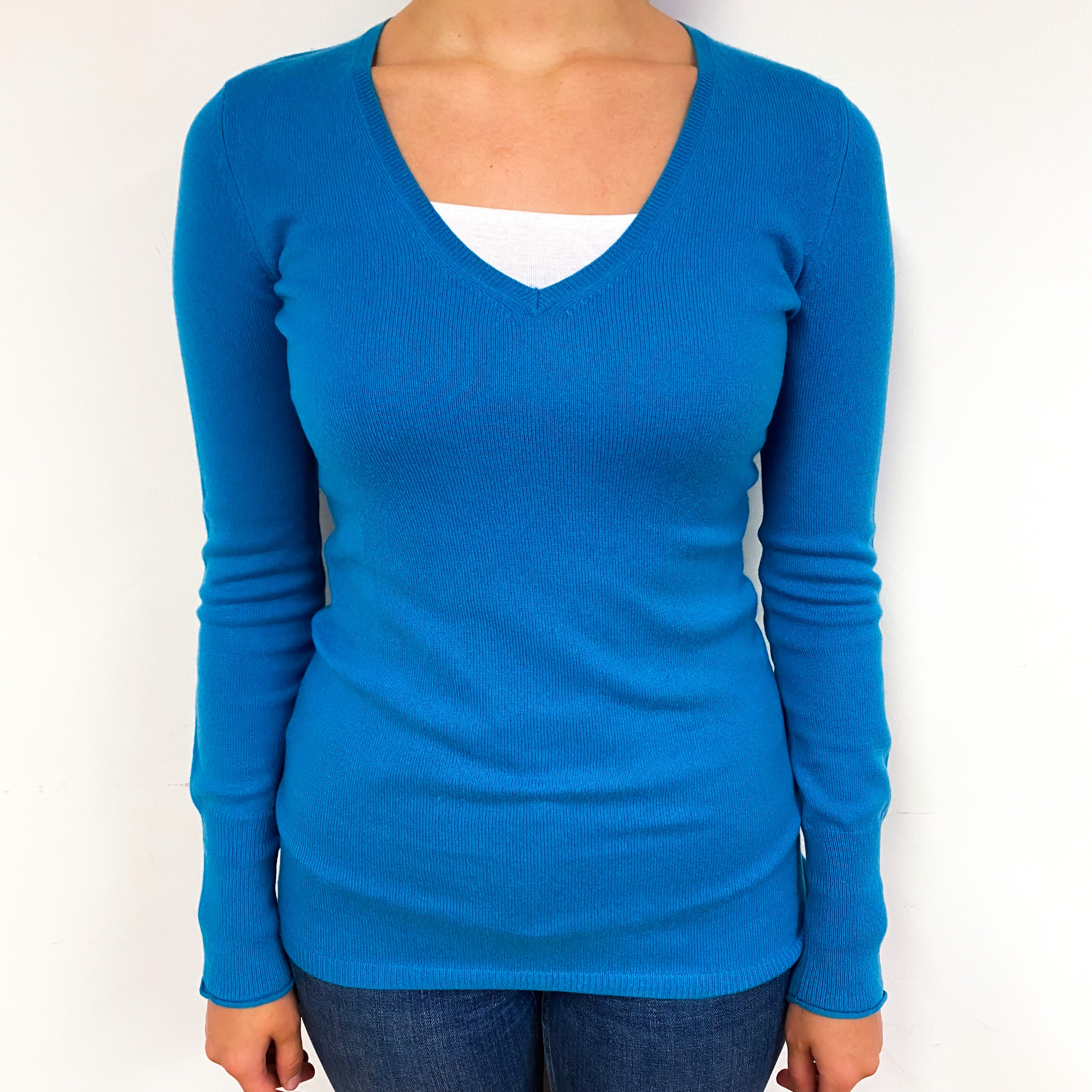 Ocean Blue Cashmere V-Neck Jumper Small
