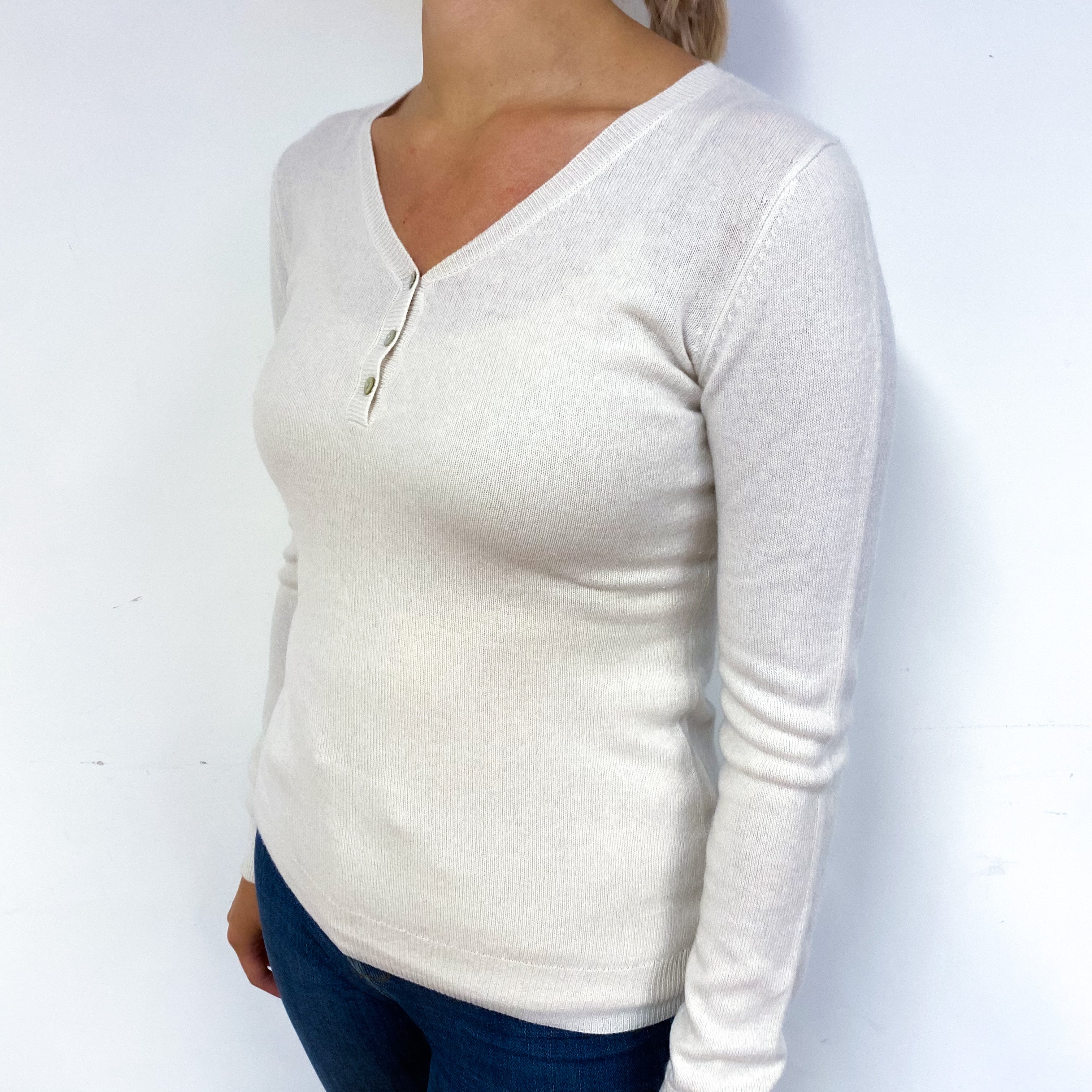 Cream Buttoned Cashmere V-Neck Jumper Small