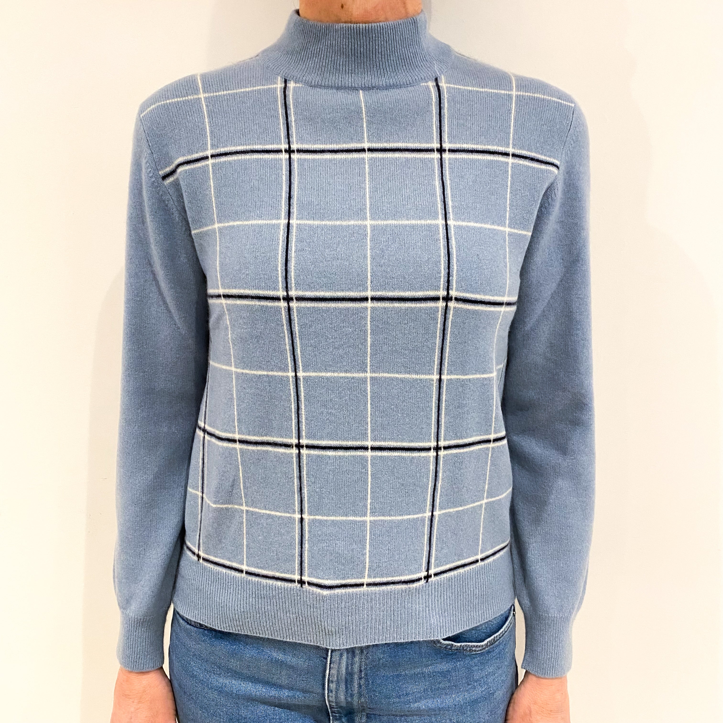 Opal Blue With Navy And White Check Cashmere Turtle Neck Jumper Small