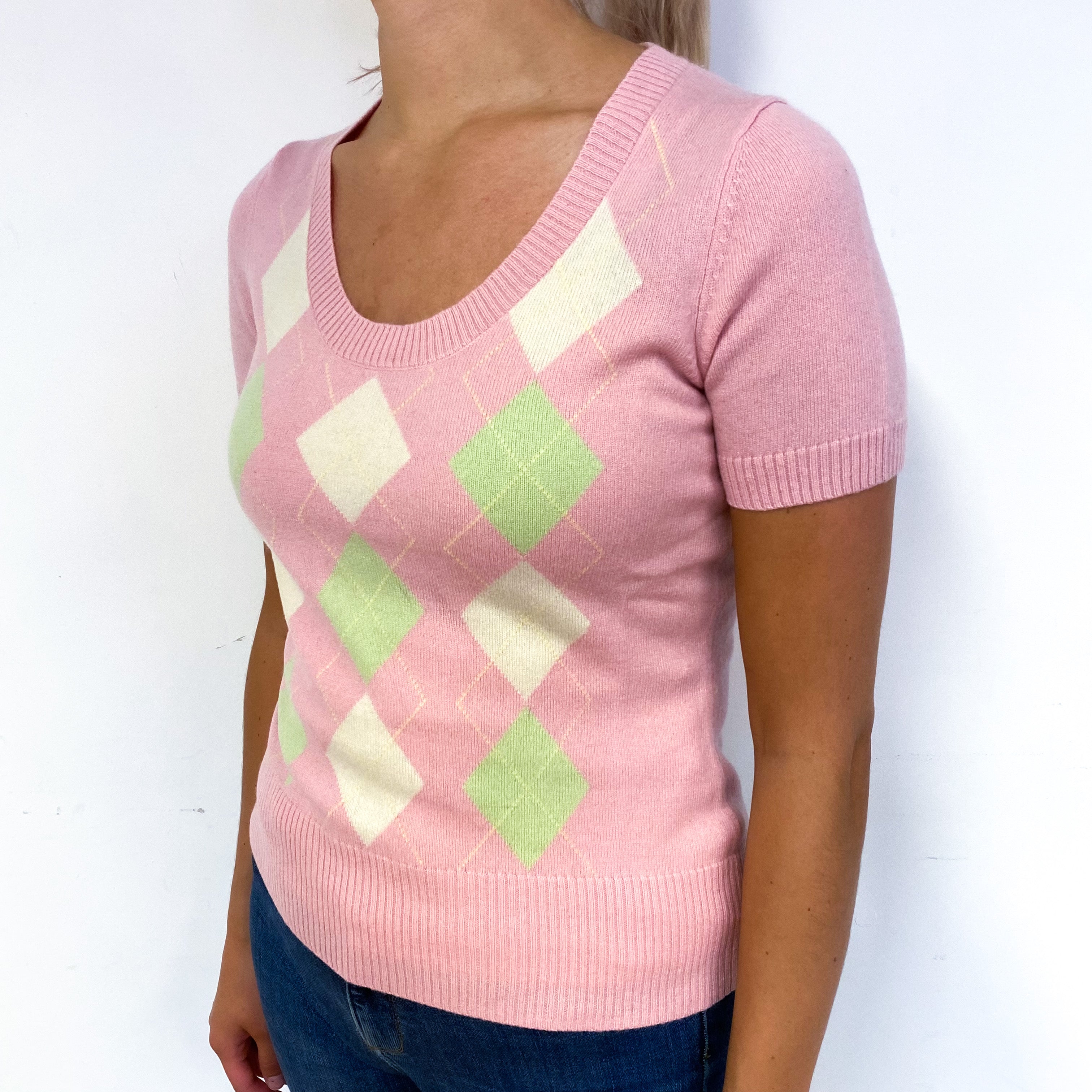 Pink Green Diamond Cashmere Short Sleeve Jumper Small