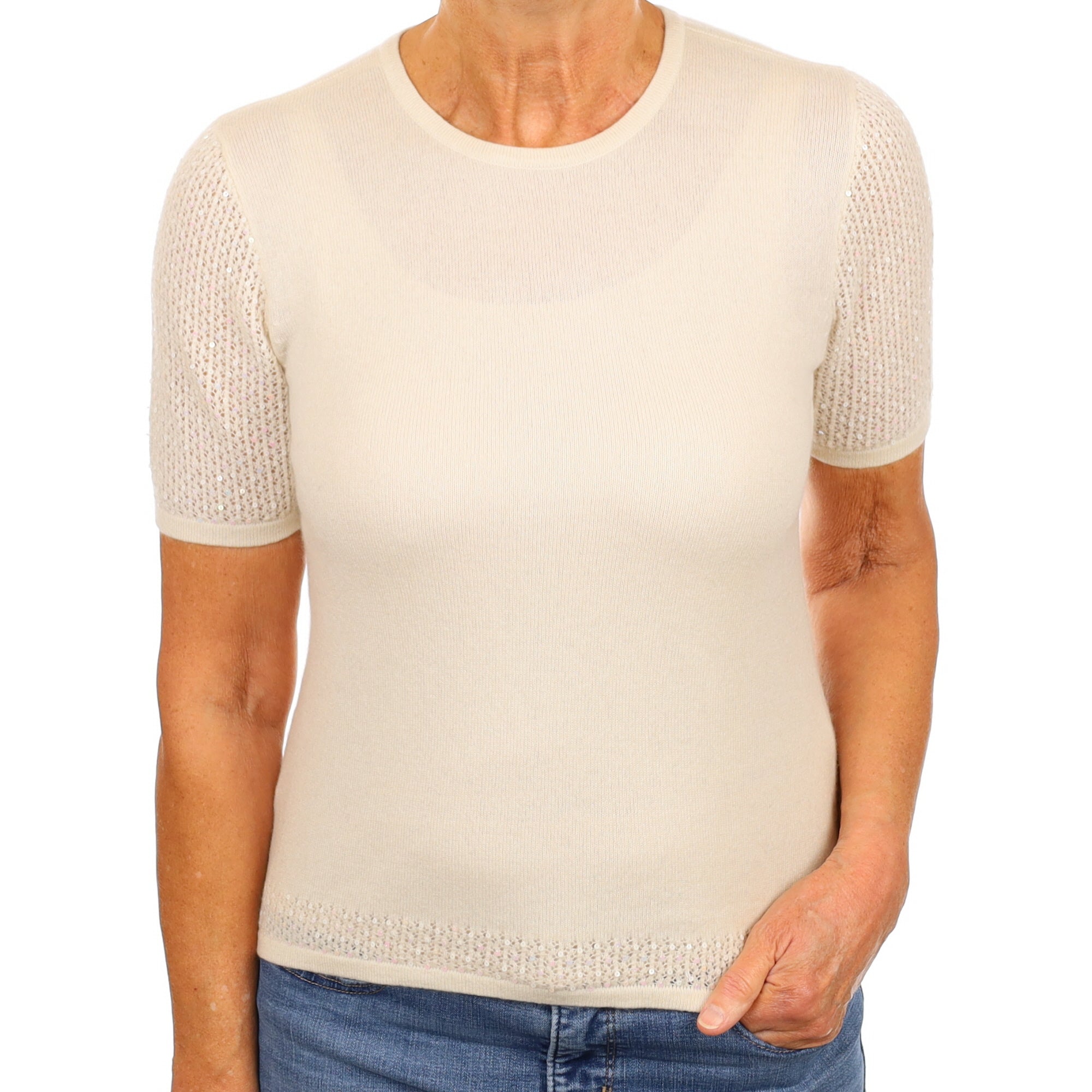 Ivory Embellished Cashmere Short Sleeve Crew Neck Jumper Medium