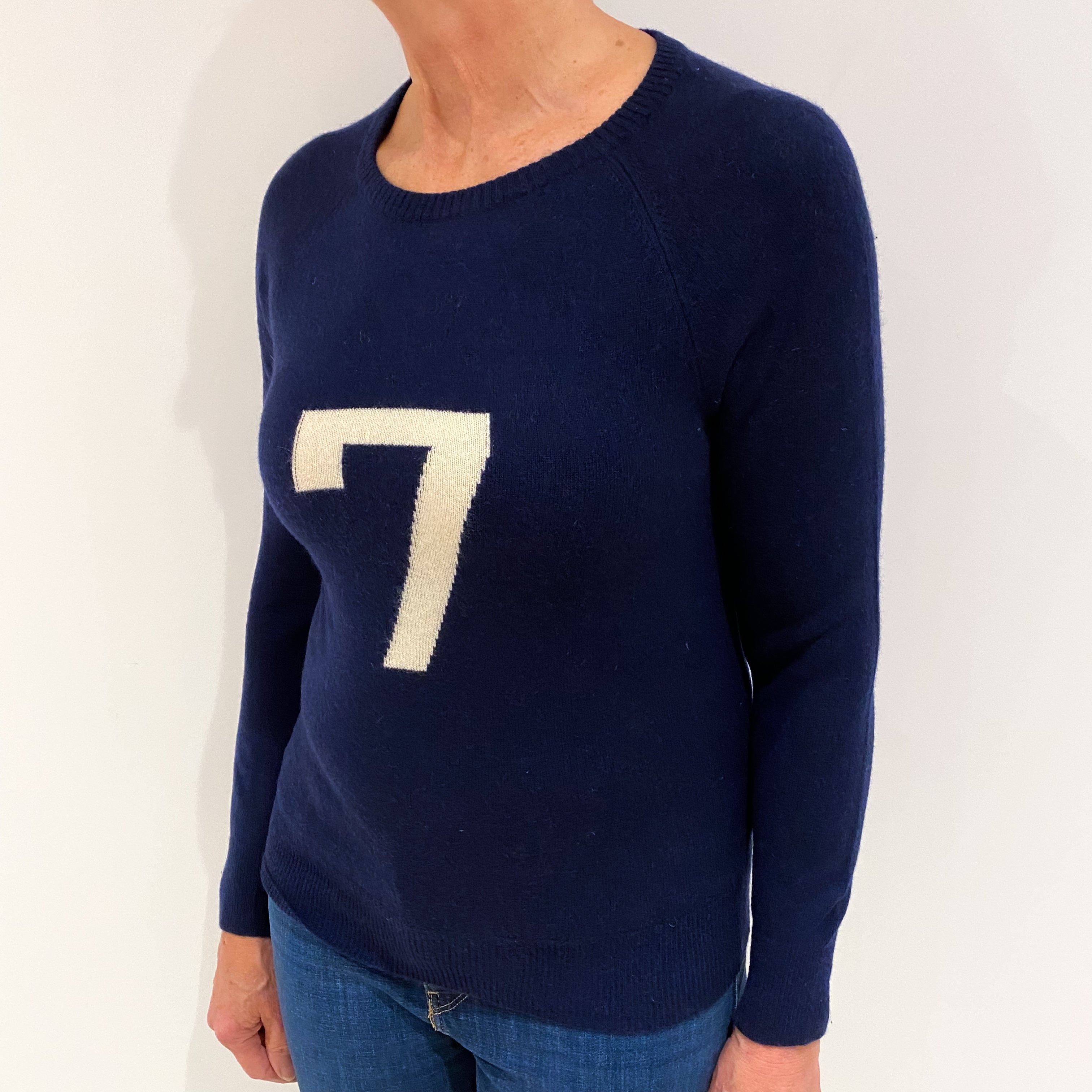 Navy Blue and Cream No.7 Cashmere Crew Neck Slim Fit Jumper Medium
