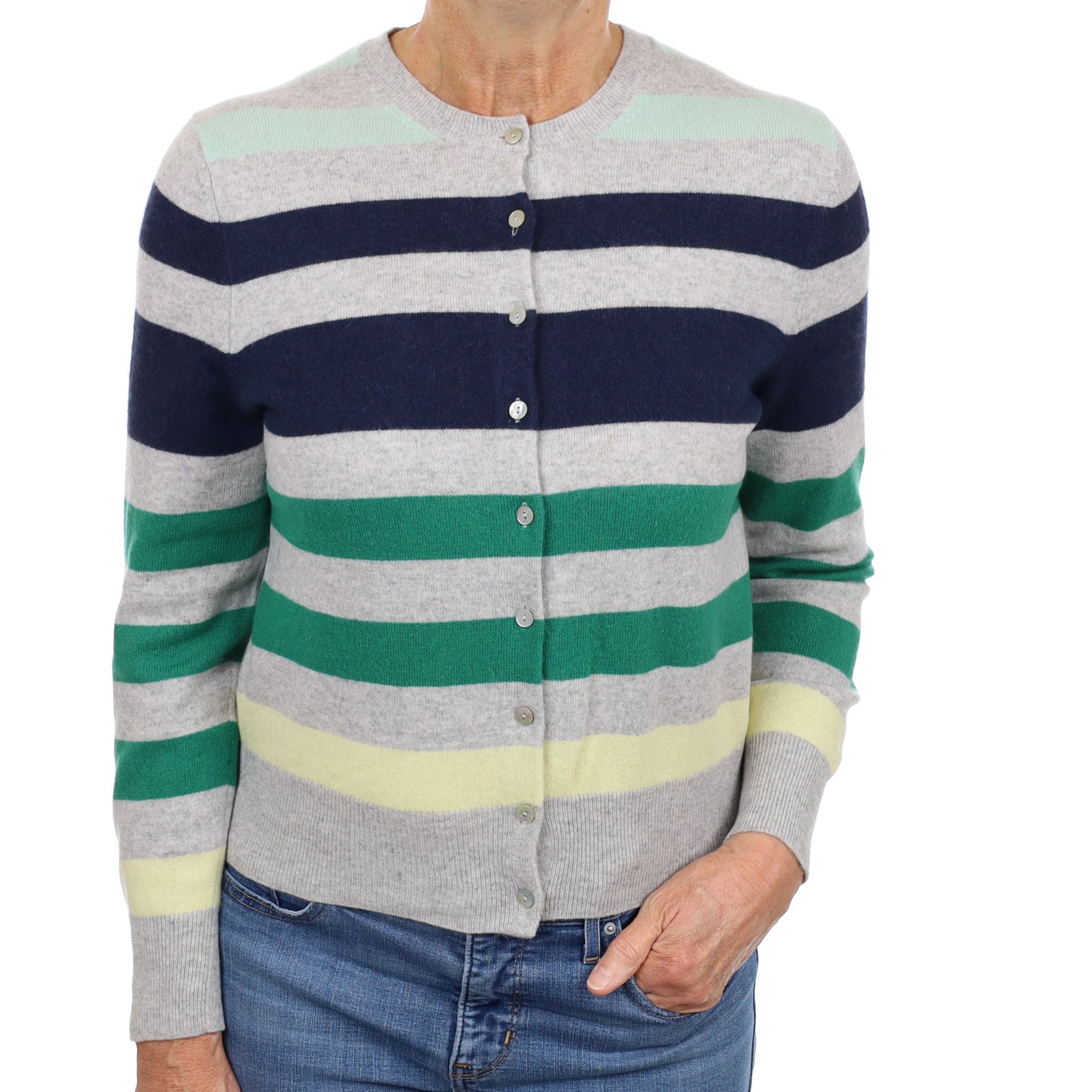 Smoke Grey Stripe Cashmere Crew Neck Cardigan Medium