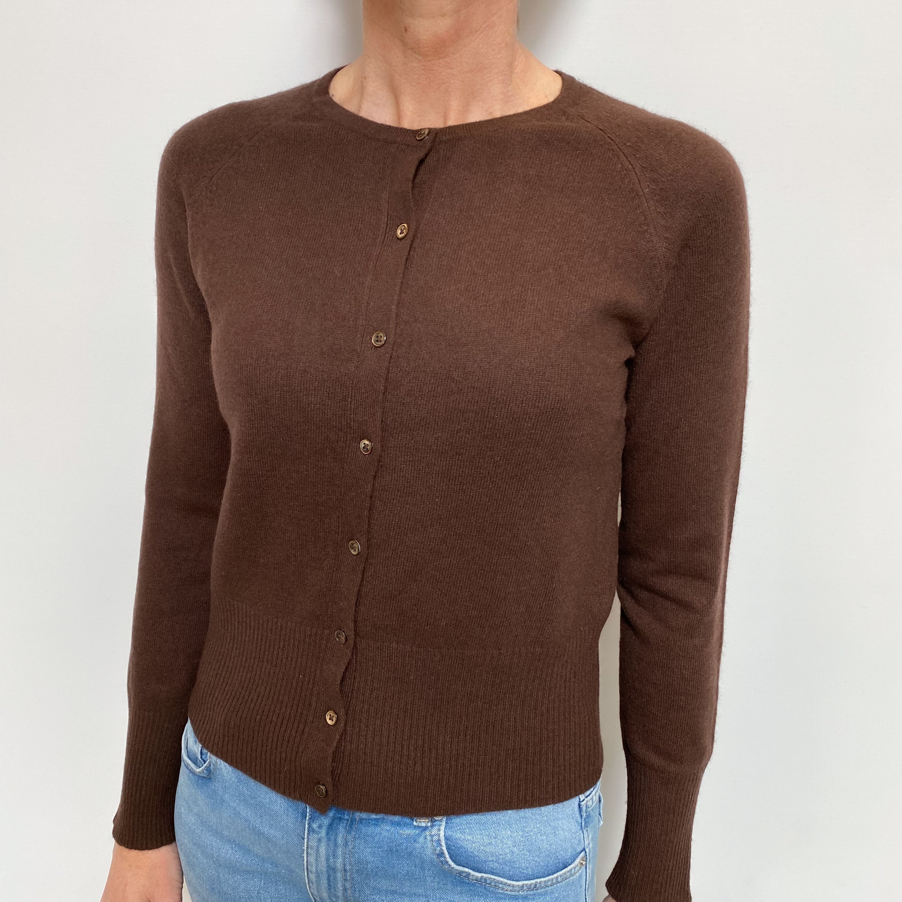 Dark Chocolate Cashmere Crew Neck Cardigan Small