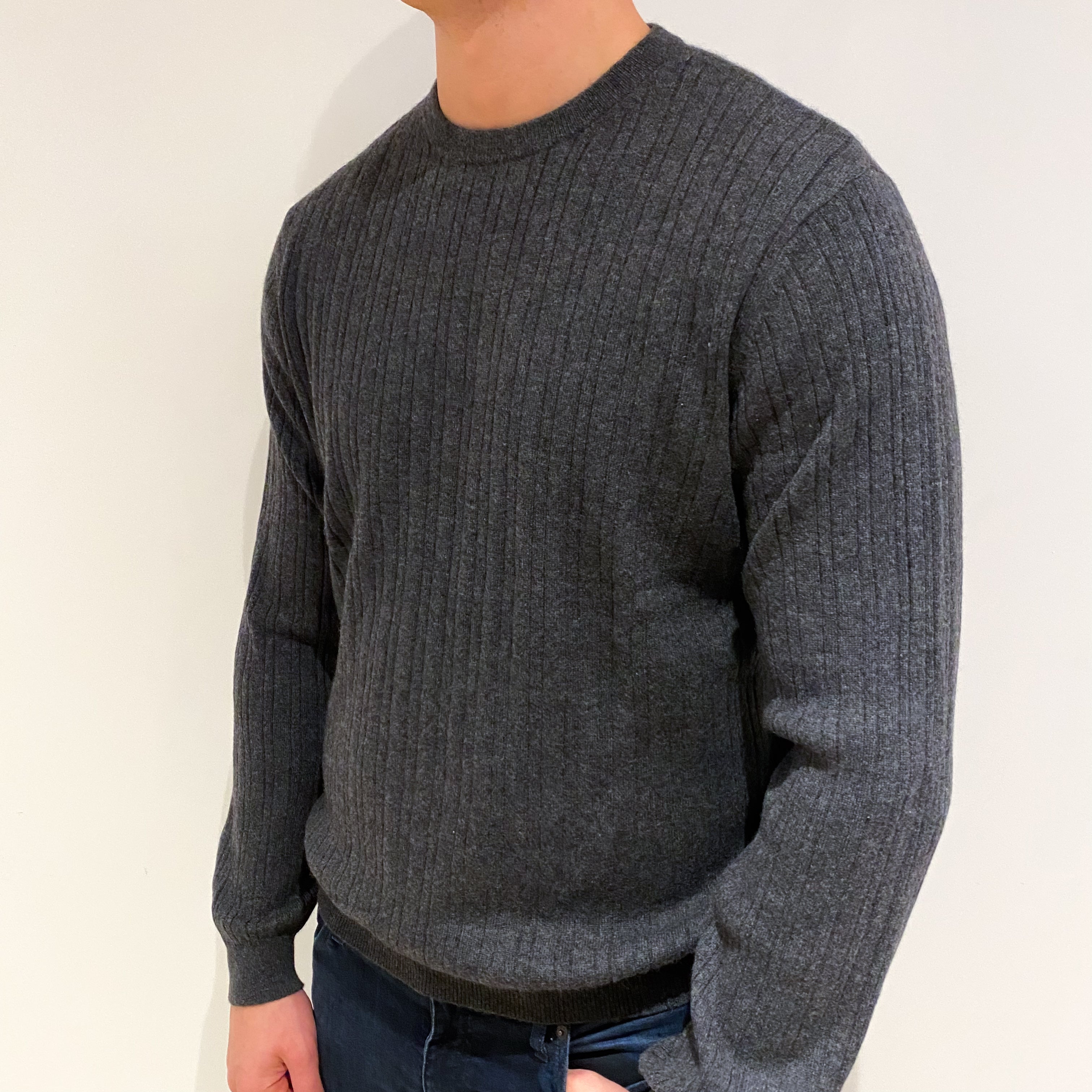 Men's Charcoal Grey Cashmere Crew Neck Ribbed Jumper XL