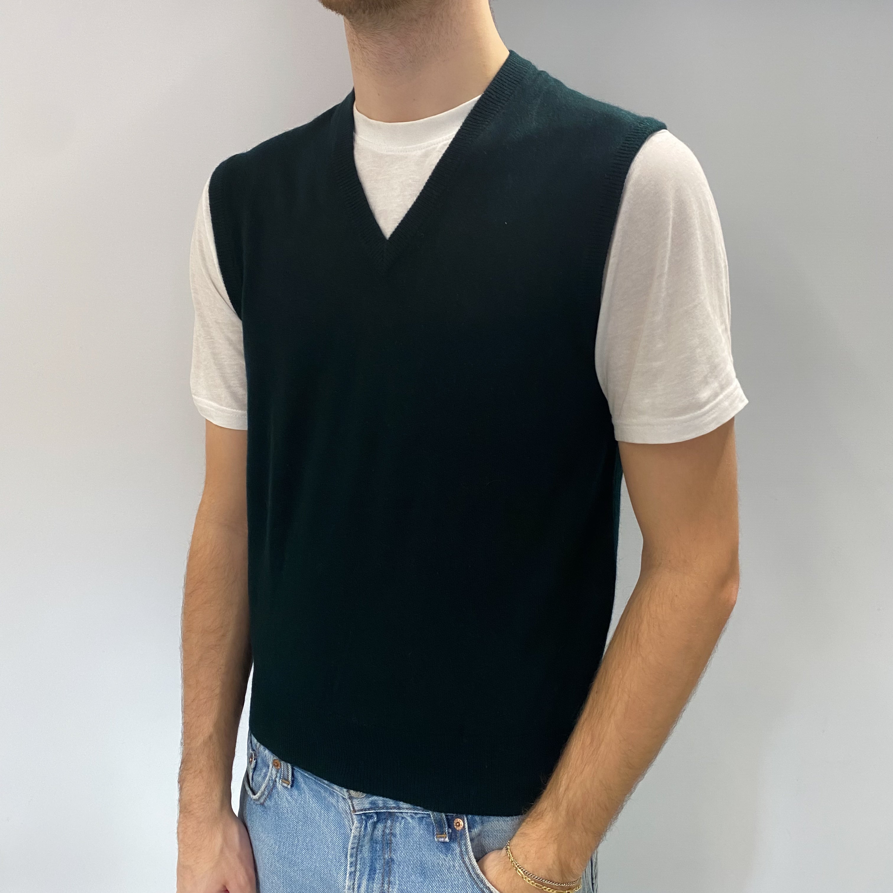 Men's Bottle Green Cashmere V Neck Tank Top Medium