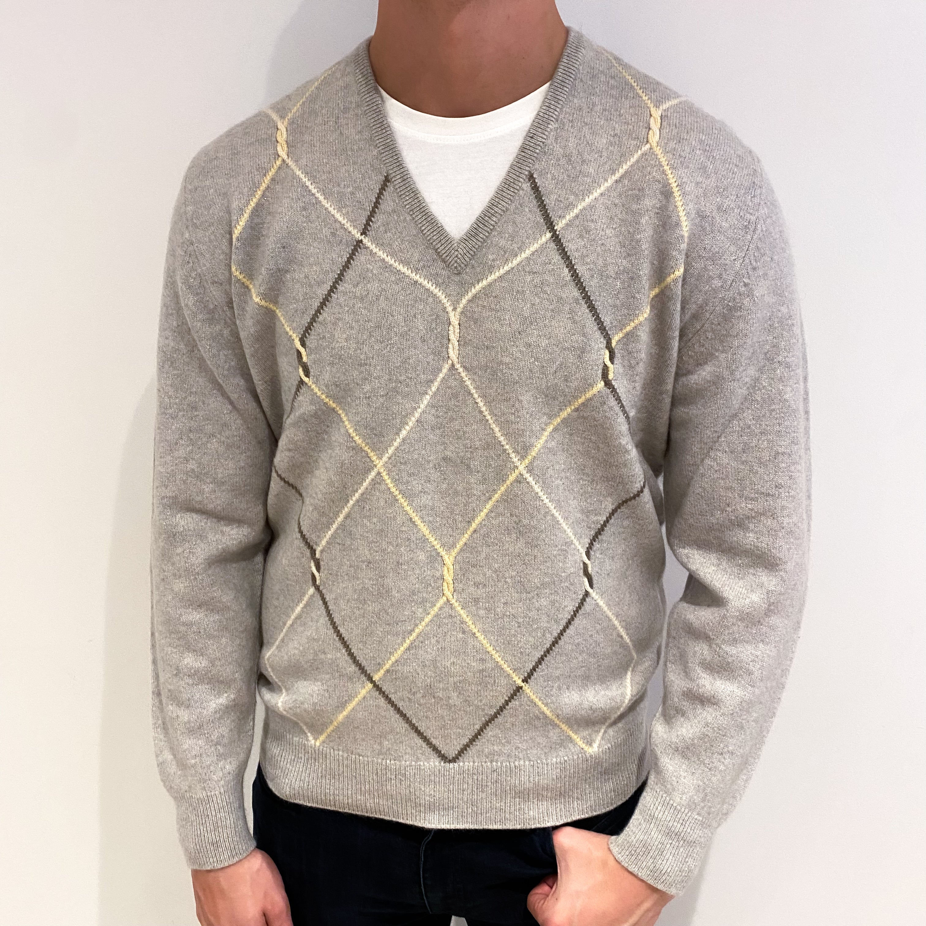Men's Vintage Pringle Dusty Grey Diamond Cashmere V Neck Jumper XL