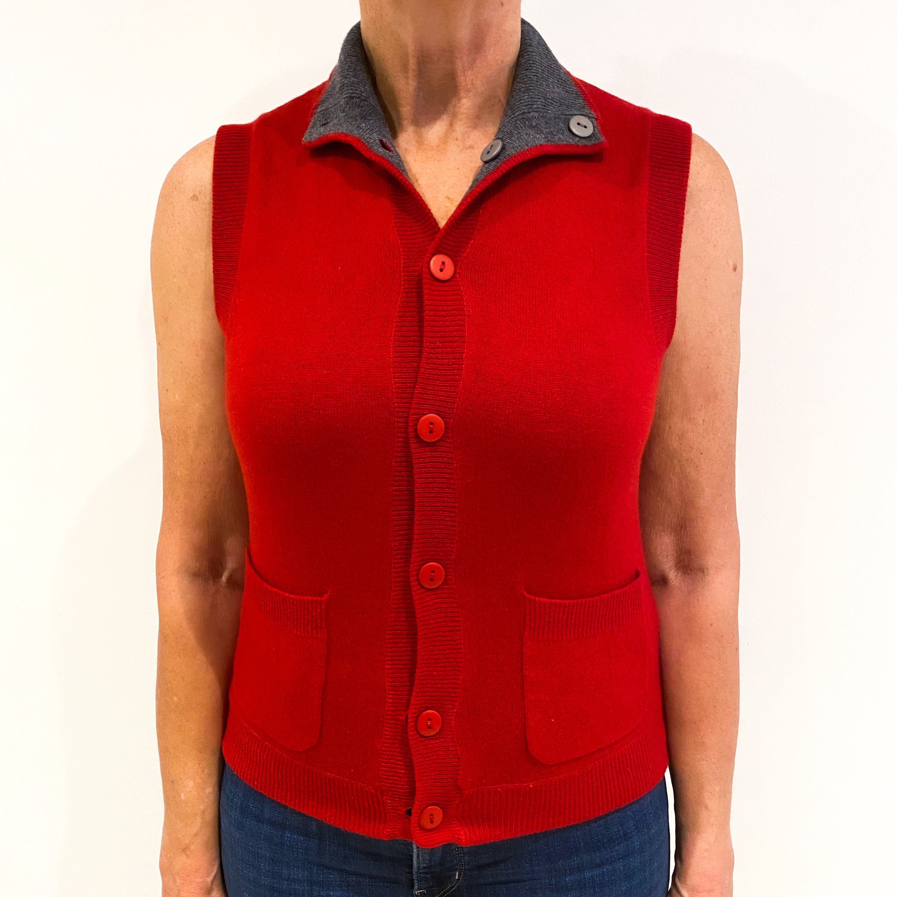 Smoked Grey Post Box Red 100% Cashmere Polo Neck Gilet Medium