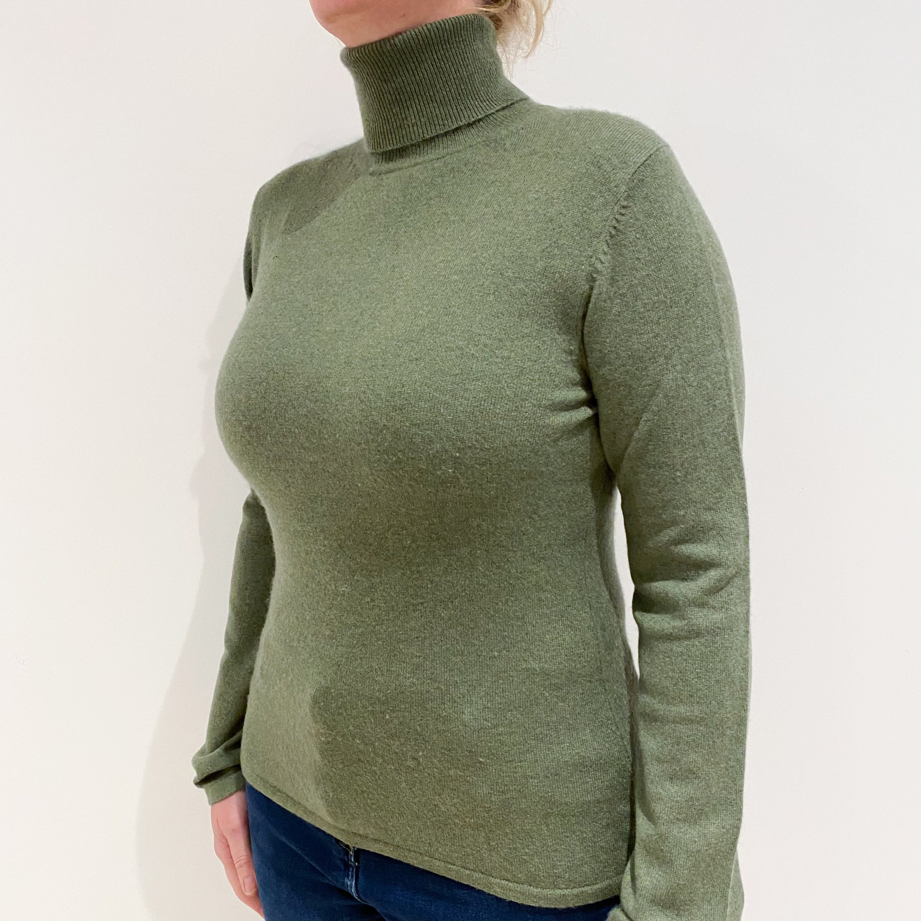Olive Green Cashmere Polo Neck Jumper Large
