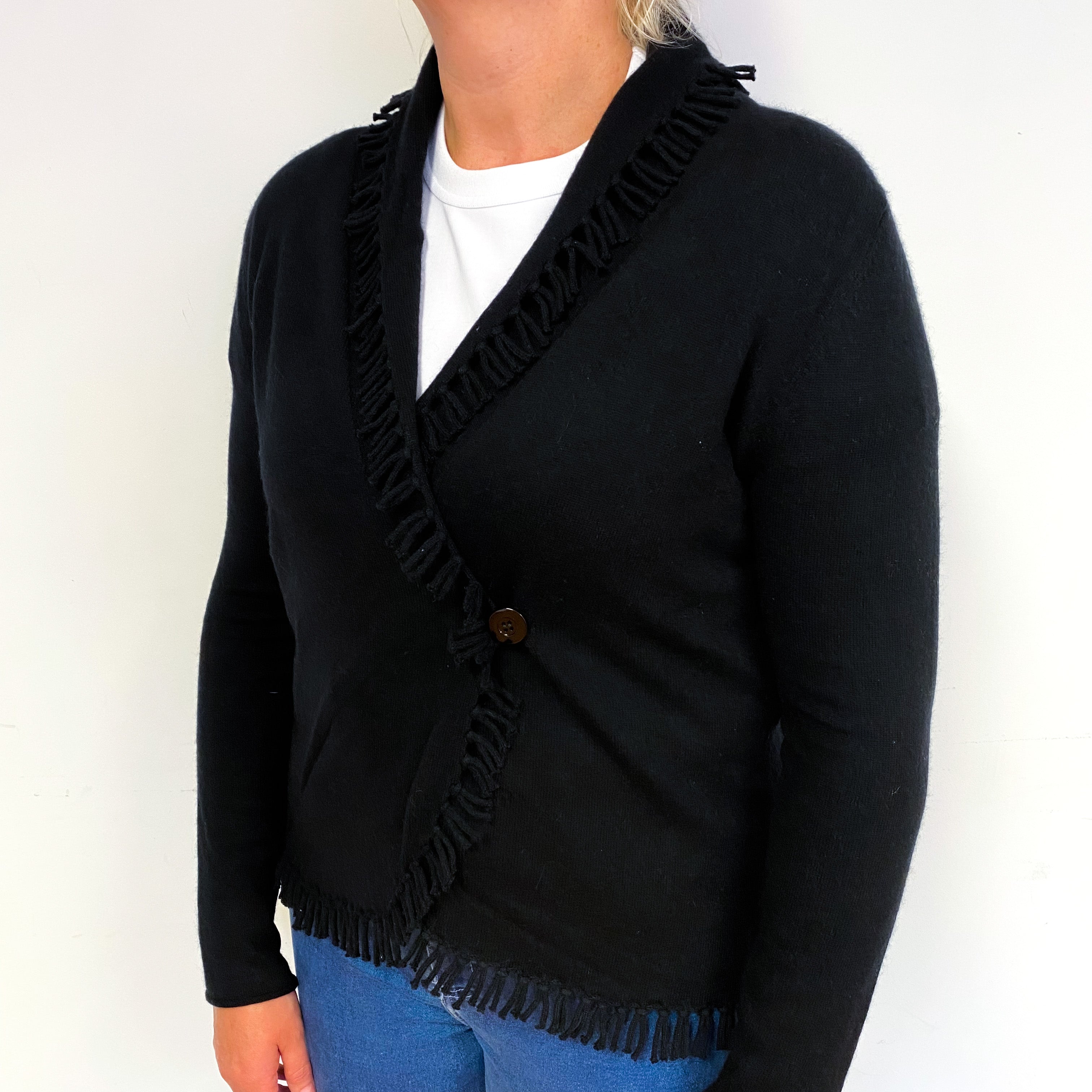Black Tassel Edged Cashmere V-Neck Cardigan Large