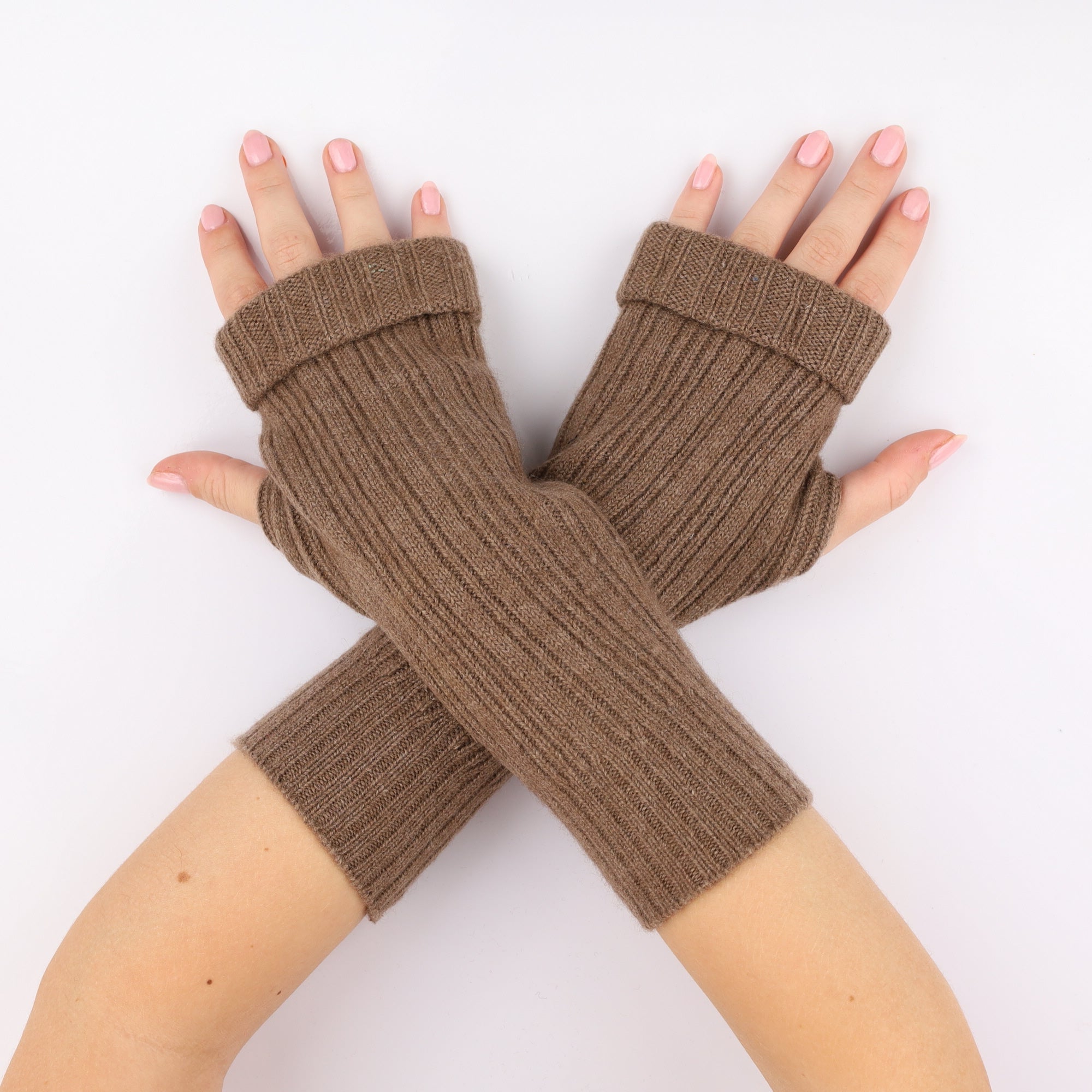 Mushroom Brown Rib Fingerless Gloves