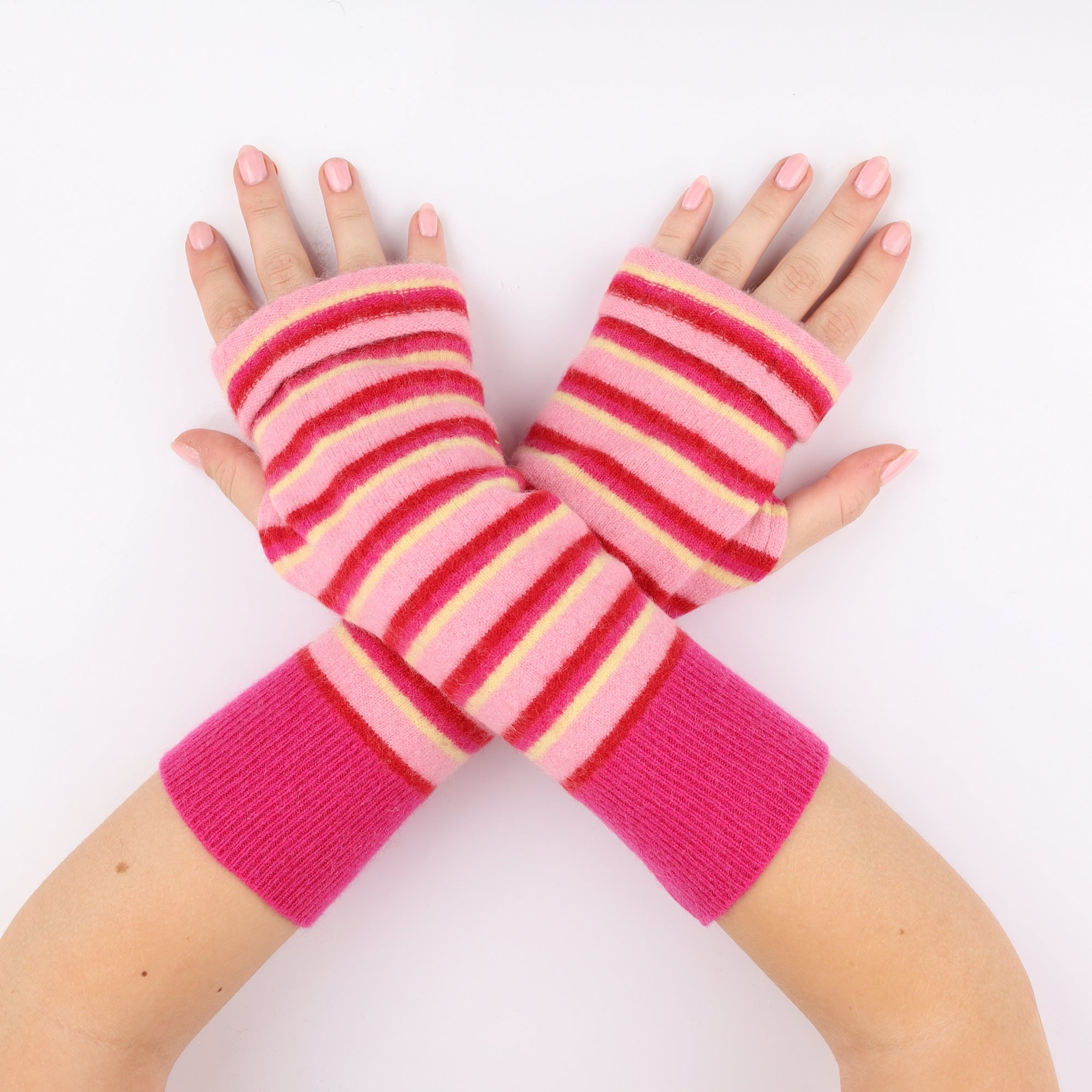 Mixed Pink Striped Fingerless Gloves