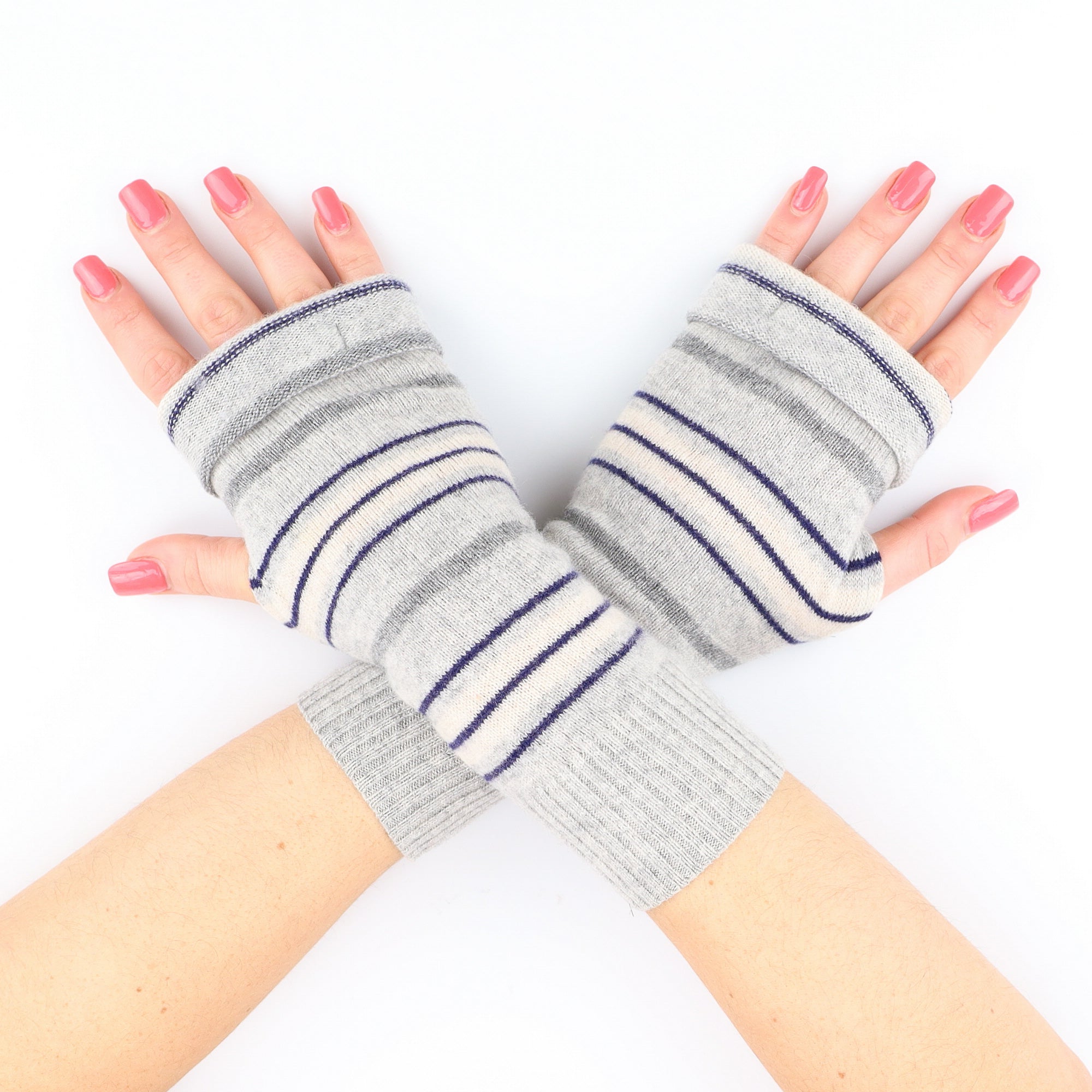 Two Tone Grey and Navy Striped Fingerless Gloves