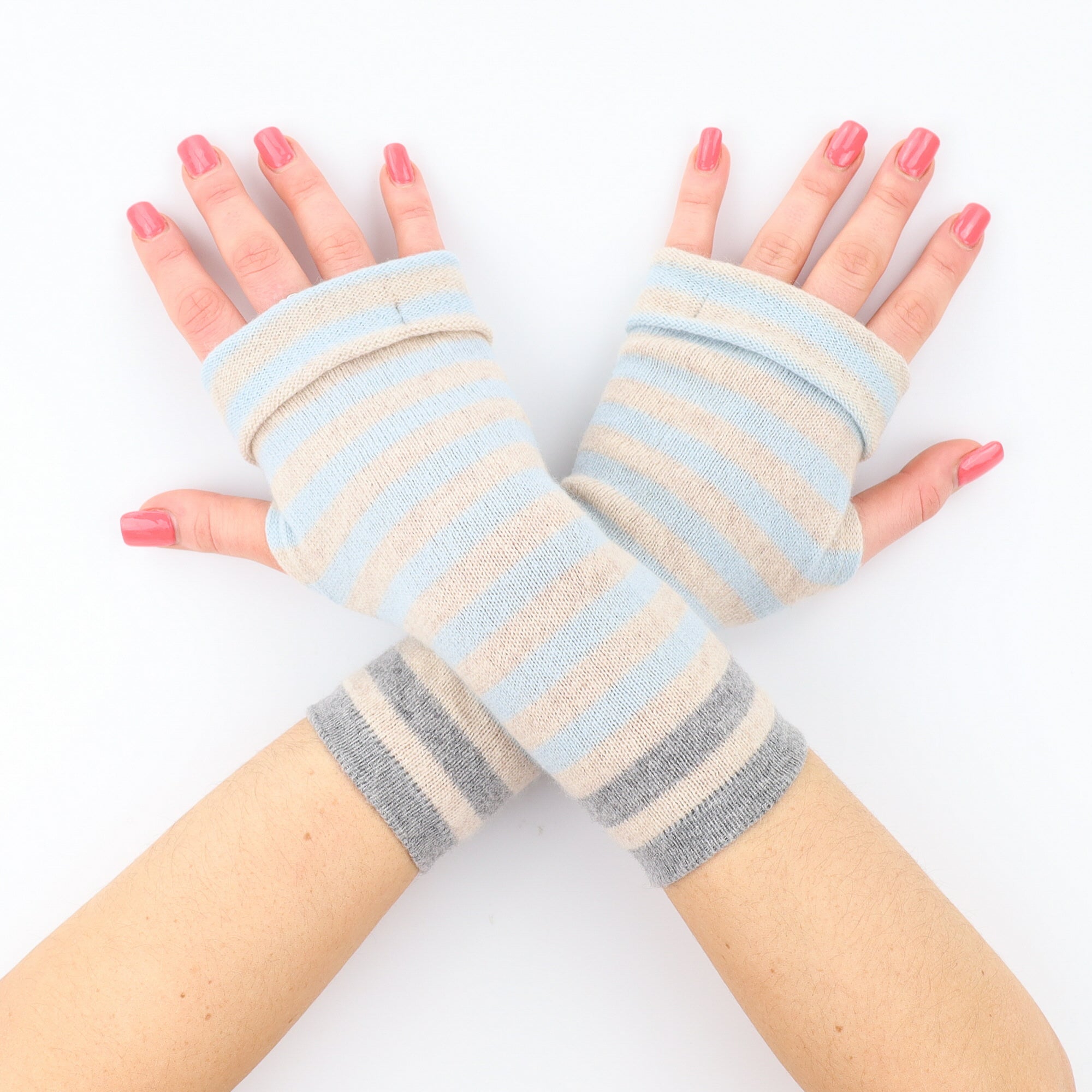 Pale Blue and Fawn Striped Fingerless Gloves