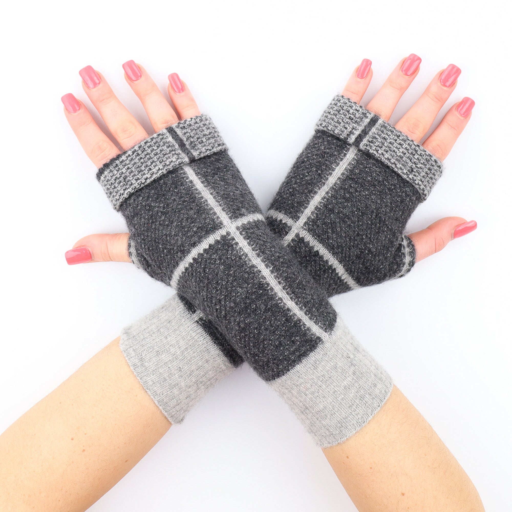 Two Tone Grey Chunky Knit Fingerless Gloves