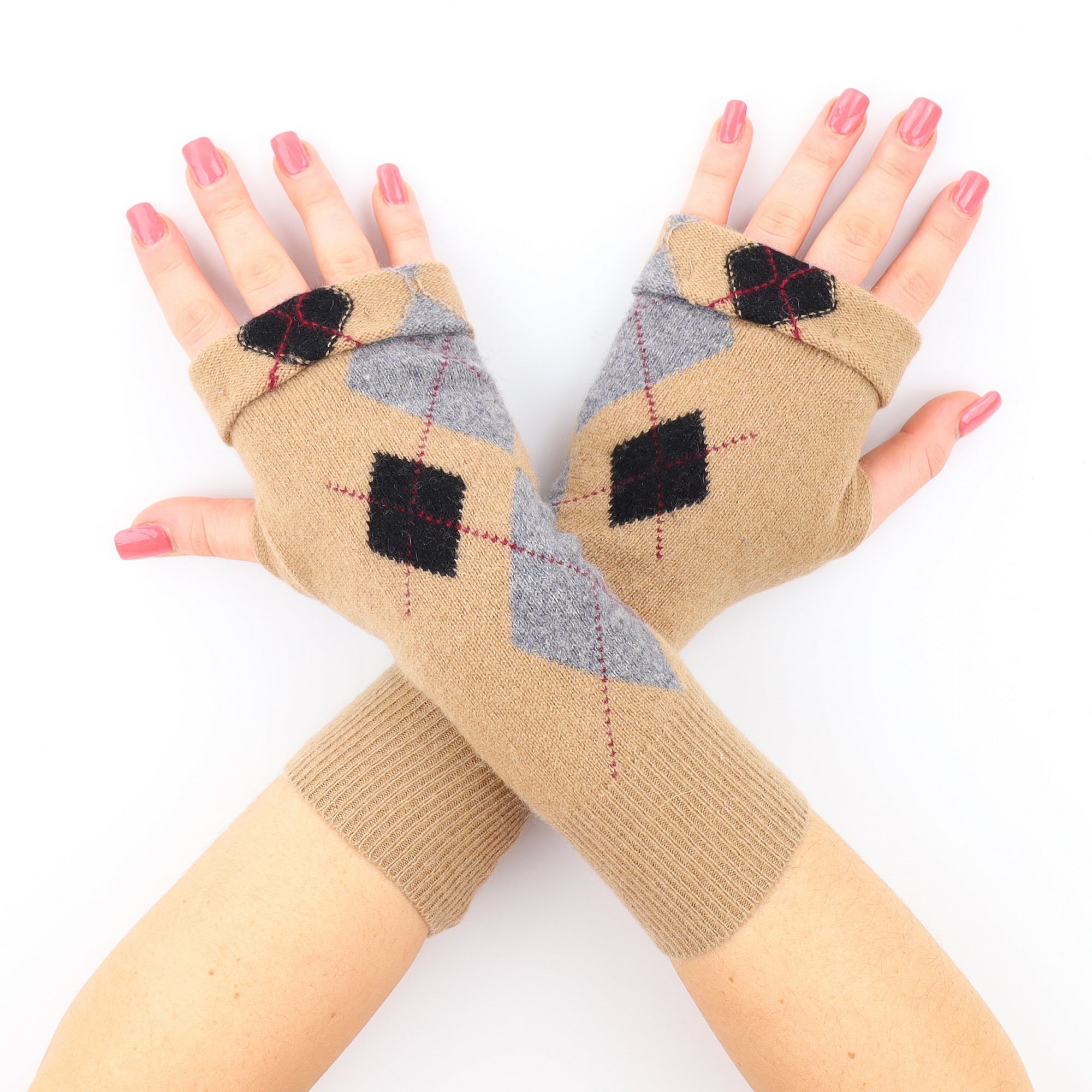 Camel, Charcoal and Black Diamond Fingerless Gloves