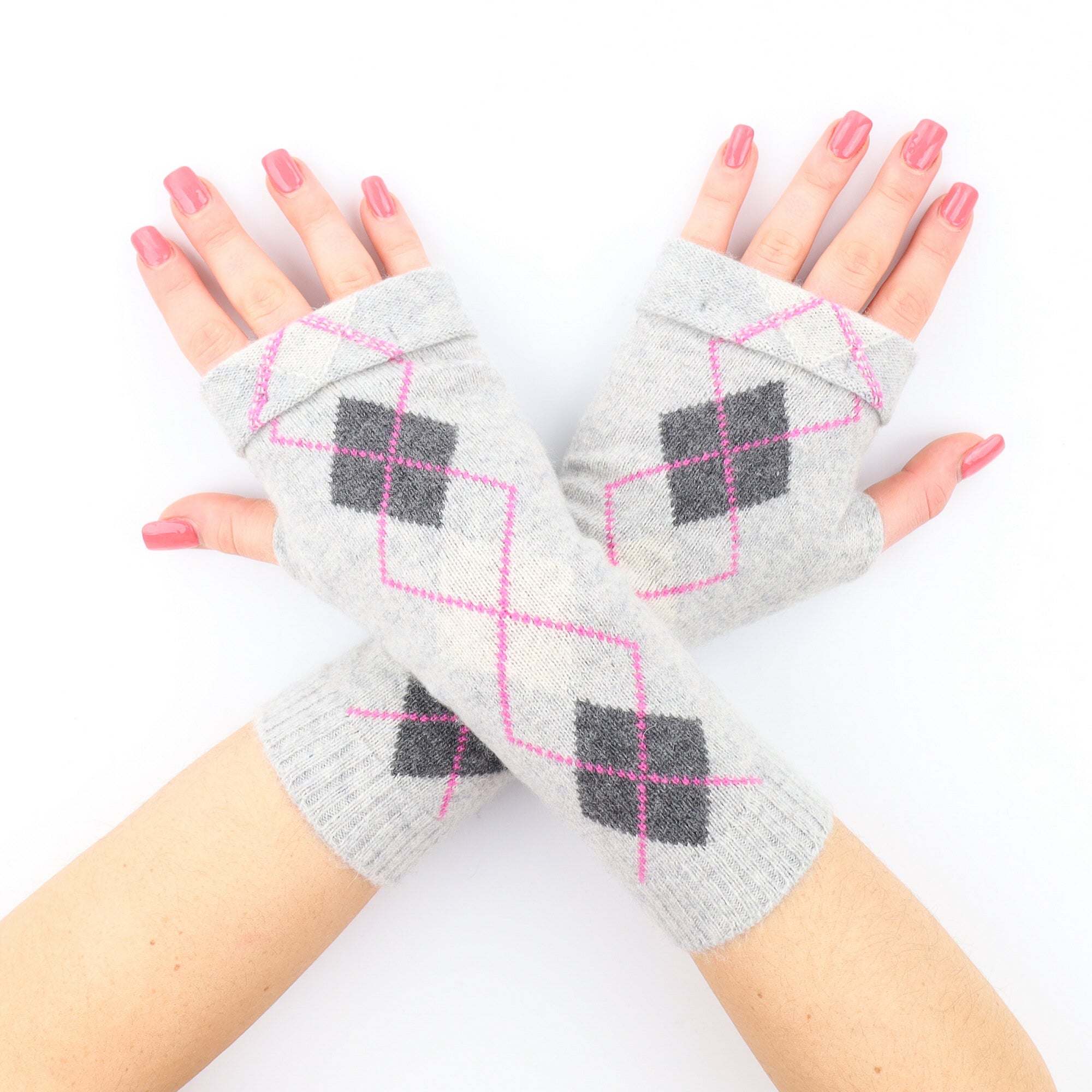 Grey and Pink Diamond Fingerless Gloves