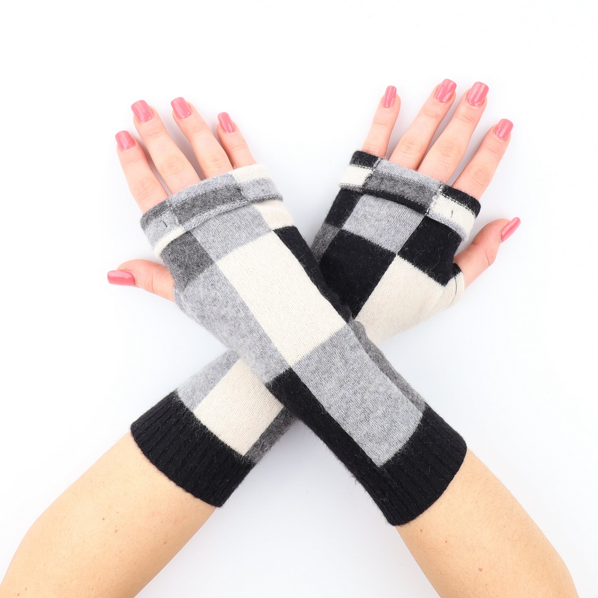 Two Tone Grey, Black and Cream Block Colour Fingerless Gloves