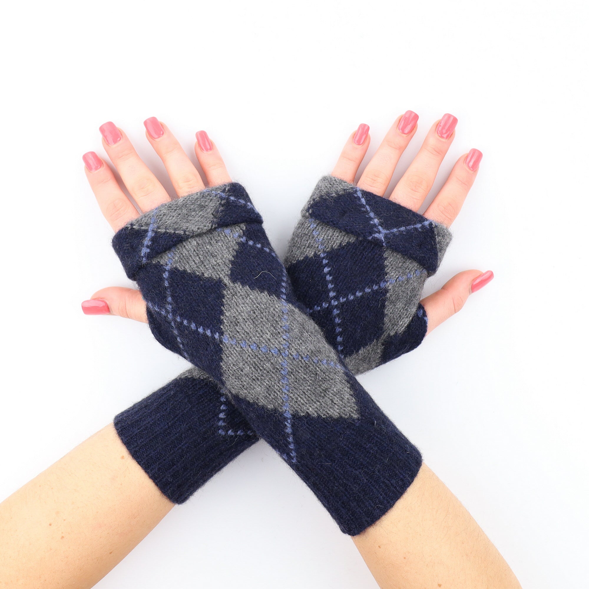 Charcoal and Navy Diamond Fingerless Gloves