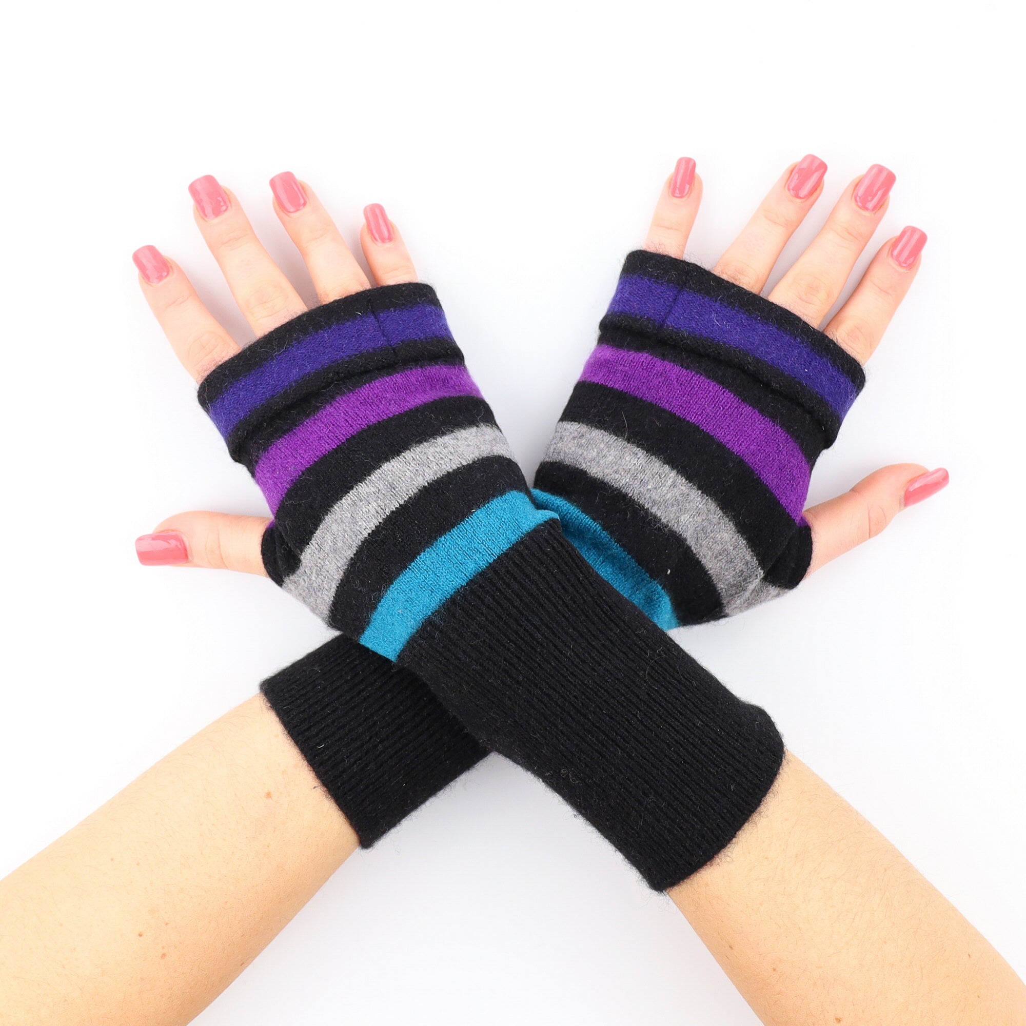 Aqua, Purple and Black Striped Fingerless Gloves