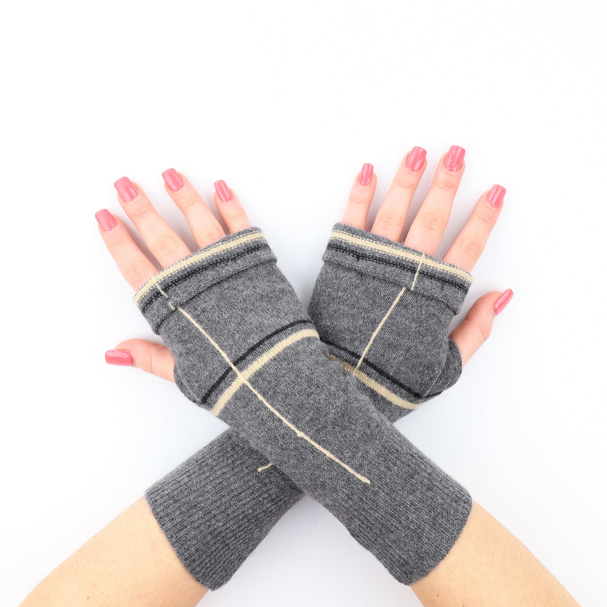 Charcoal Grey, Black and Pale Yellow Check Fingerless Gloves