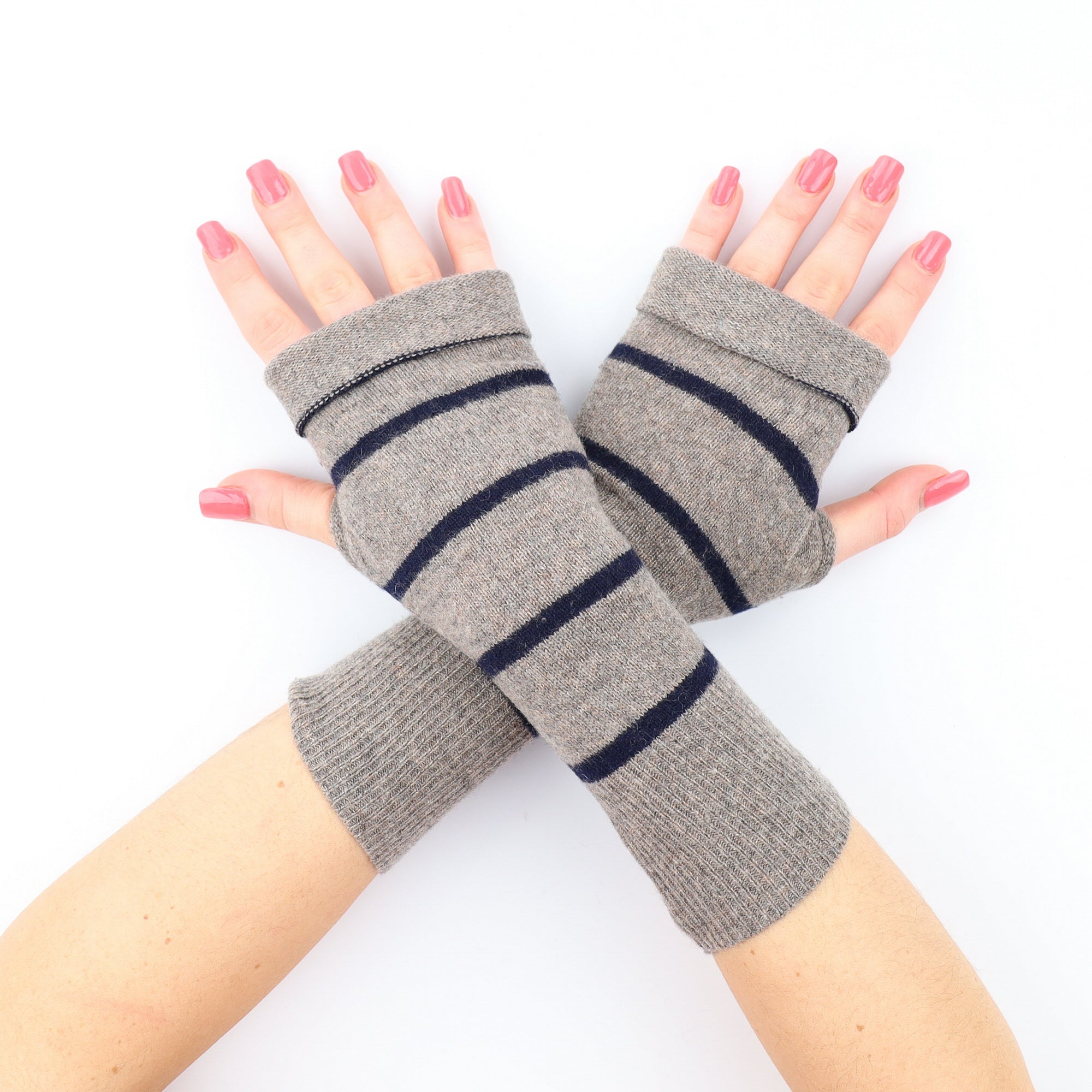 Light Taupe and Navy Striped Fingerless Gloves