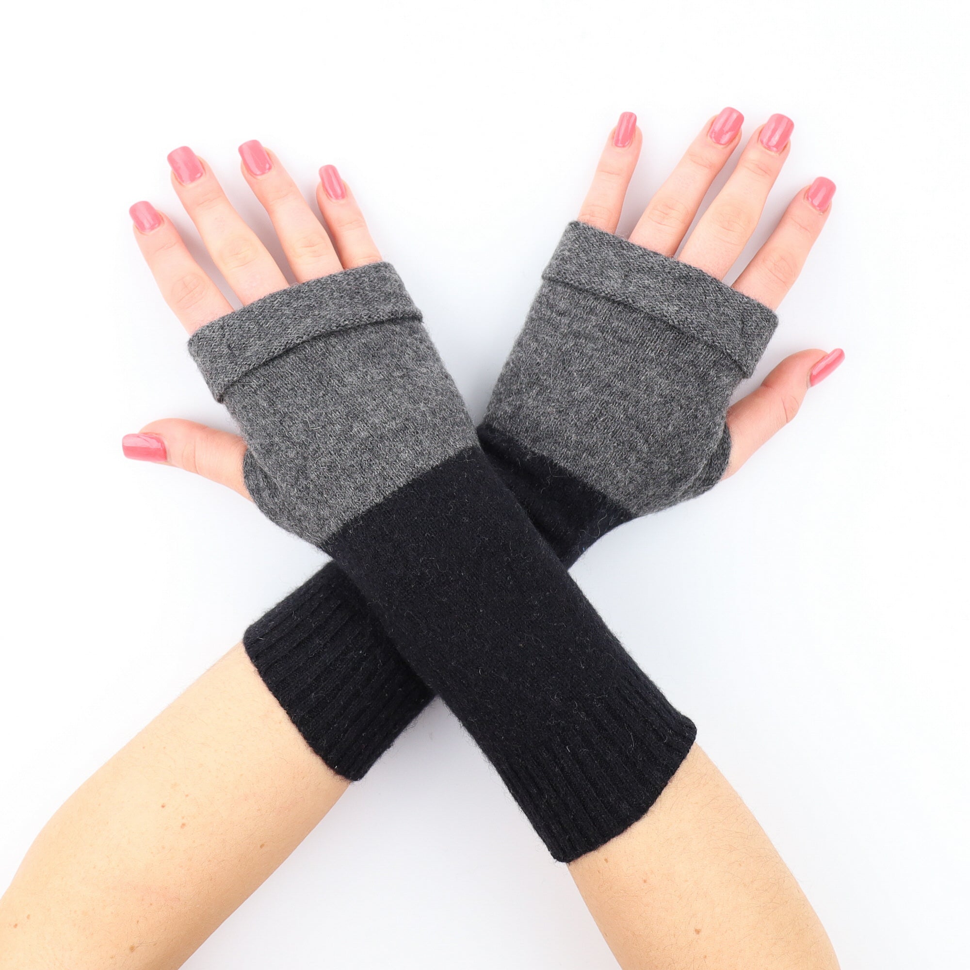 Ash Grey and Black Block Colour Fingerless Gloves